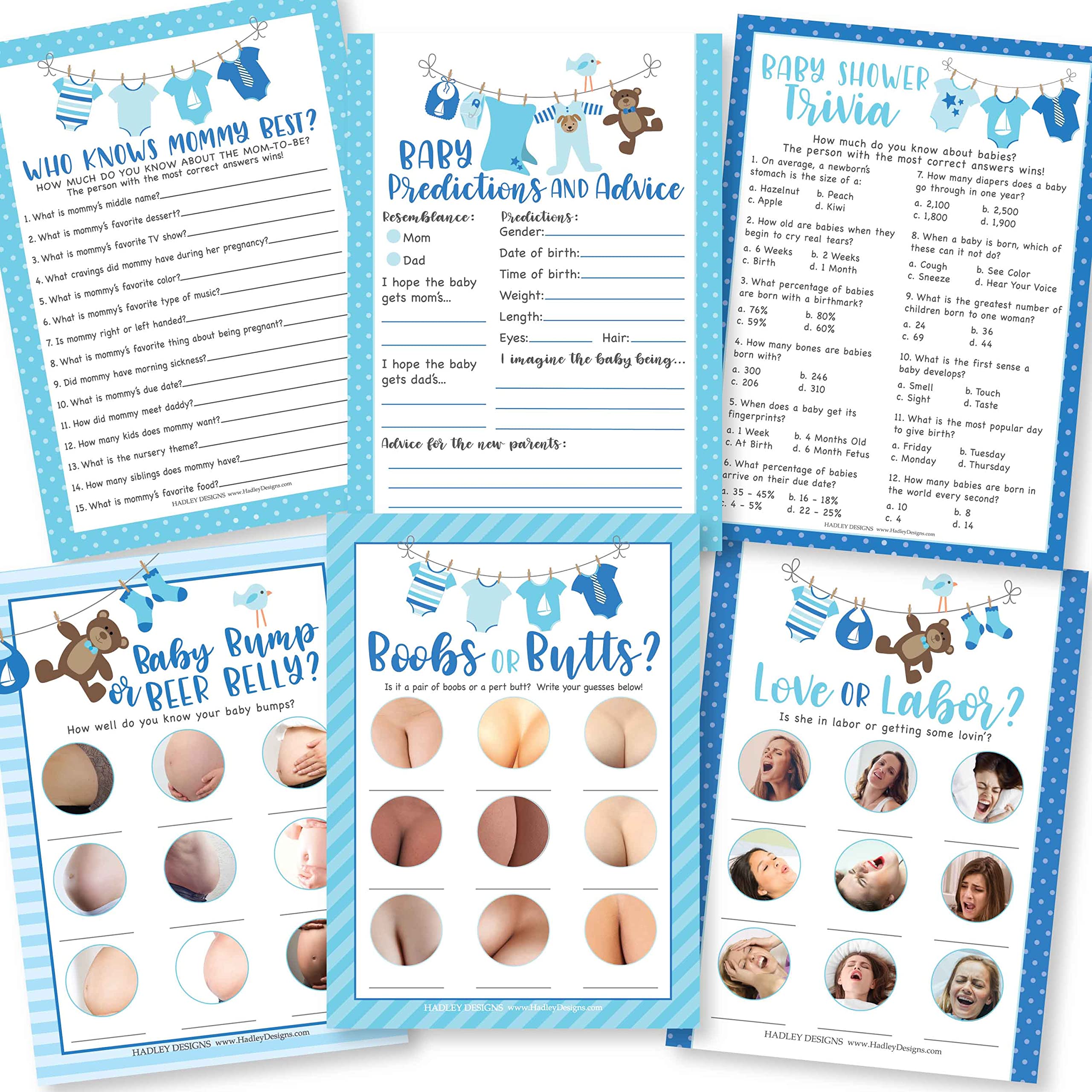 Buy Hadley Designs 75 Blue Baby Shower Games For Boys 6 Games Double Sided, Who Knows Mommy