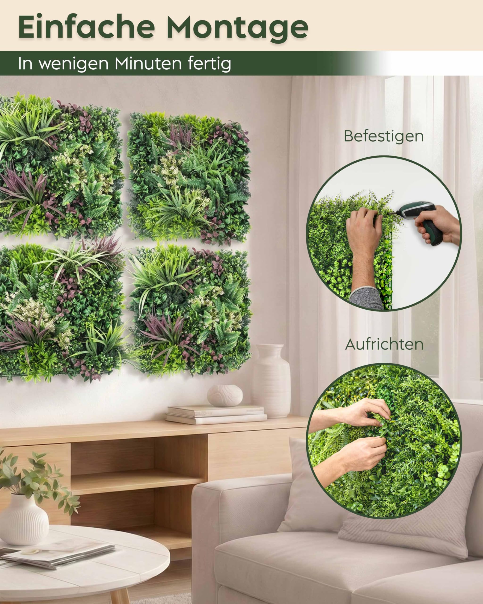 JELLE & JACOB Künstliche Pflanzenwand Indoor & Outdoor, Blumenwand Urban Jungle, 6er Set je 50x50 cm, pflegeleicht & langlebig - für Wohlfühl-Atmosphäre, Kunstpflanzen Wand, Green Wall, Pflanzen Wand