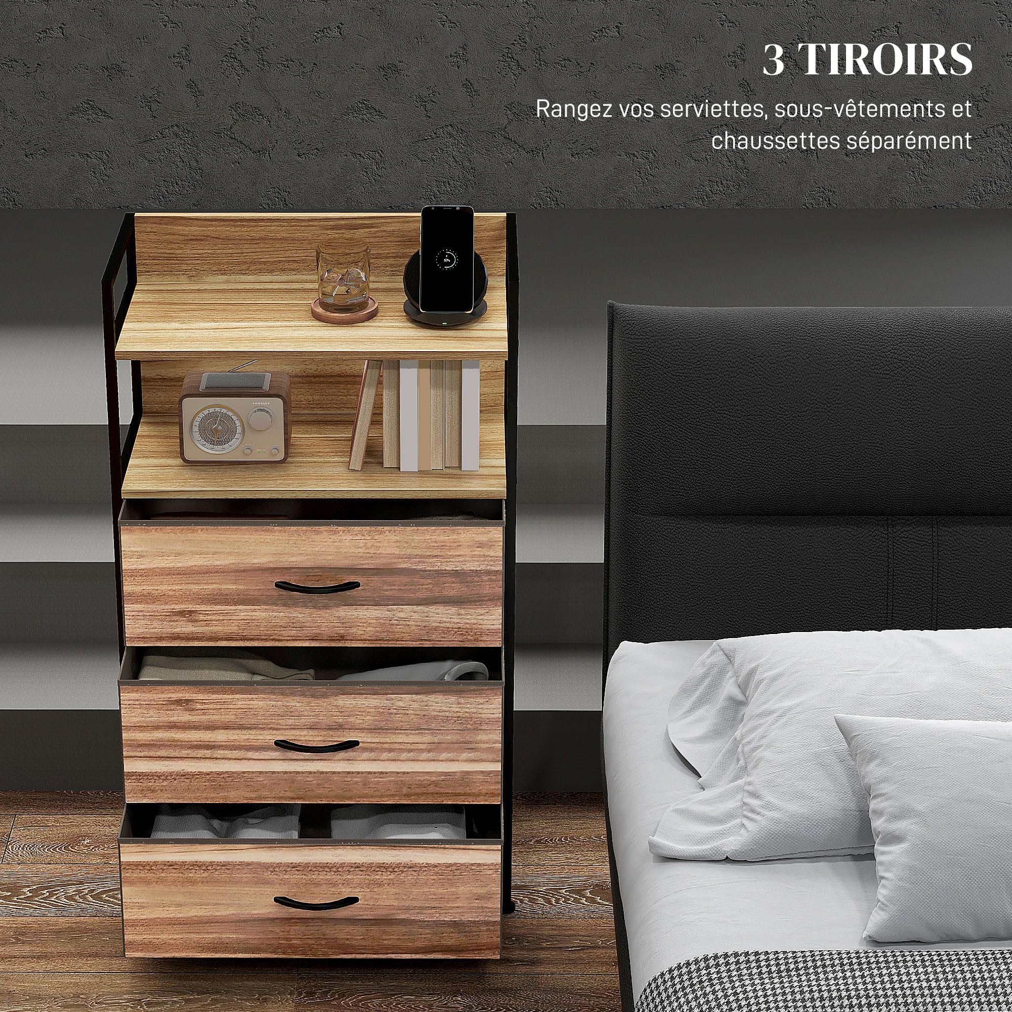 HOMCOM Commode Meuble de Rangement 3 Tiroirs 60x29x101 cm Noir