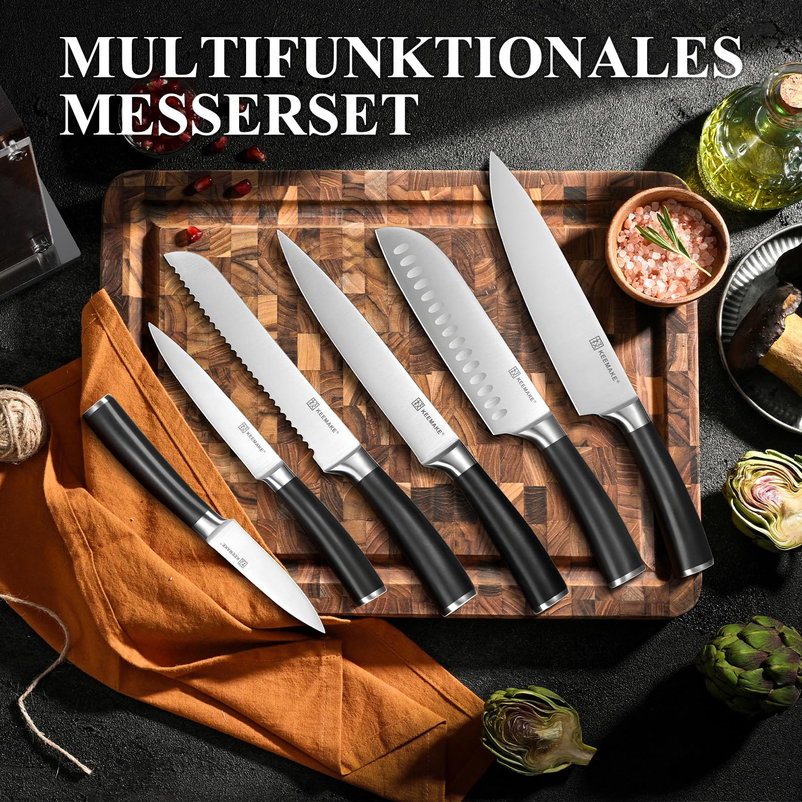 KEEMAKE Messerset 7-teilig mit Magnet Messerblock magnetisch – Profi Küchenmesser Set aus Edelstahl – Scharfe Kochmesser Brotmesser Santoku – Hochwertiger Messerhalter, Vatertagsgeschenk für Papa