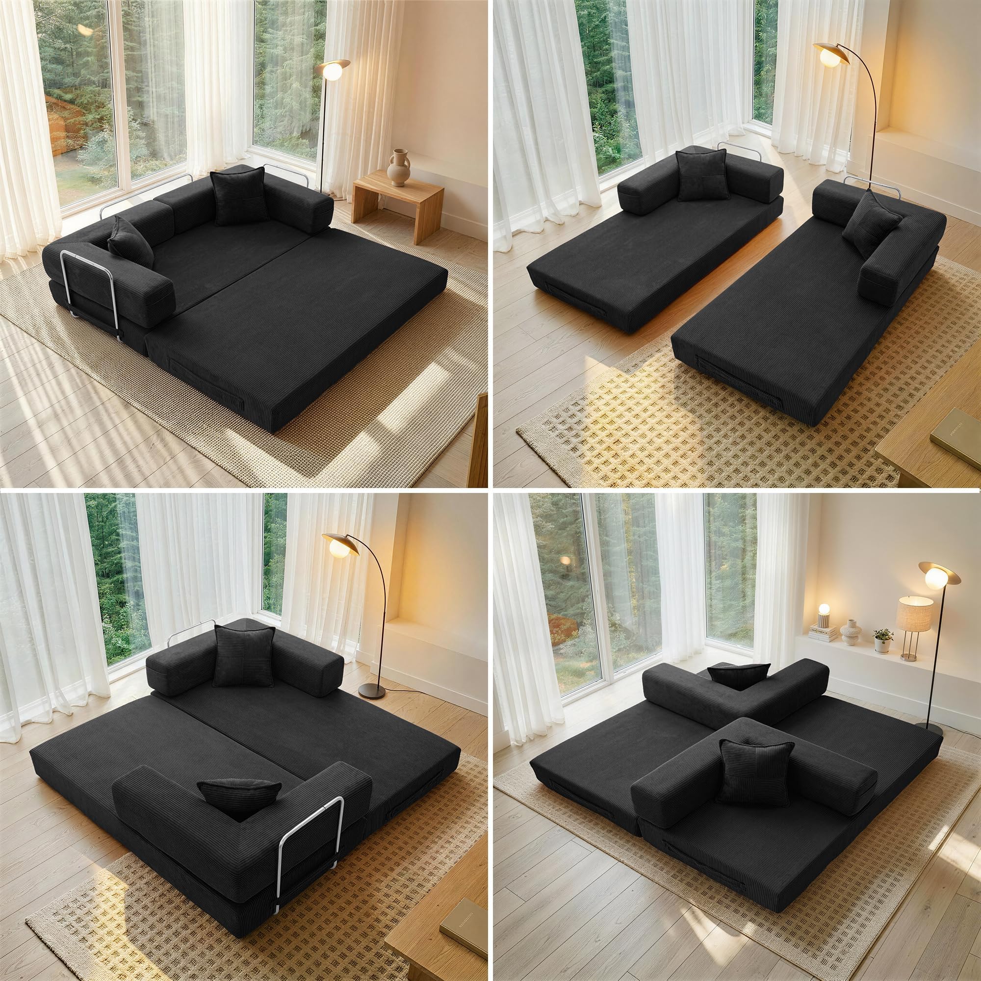 YINIX Sofá Cama 3 Plazas de 200cm, Sofá de Suelo Modular de Pana (Sin Montaje), Sofá Nube Plegable Sin Estructura, Funda Lavable, Cama de Invitados
