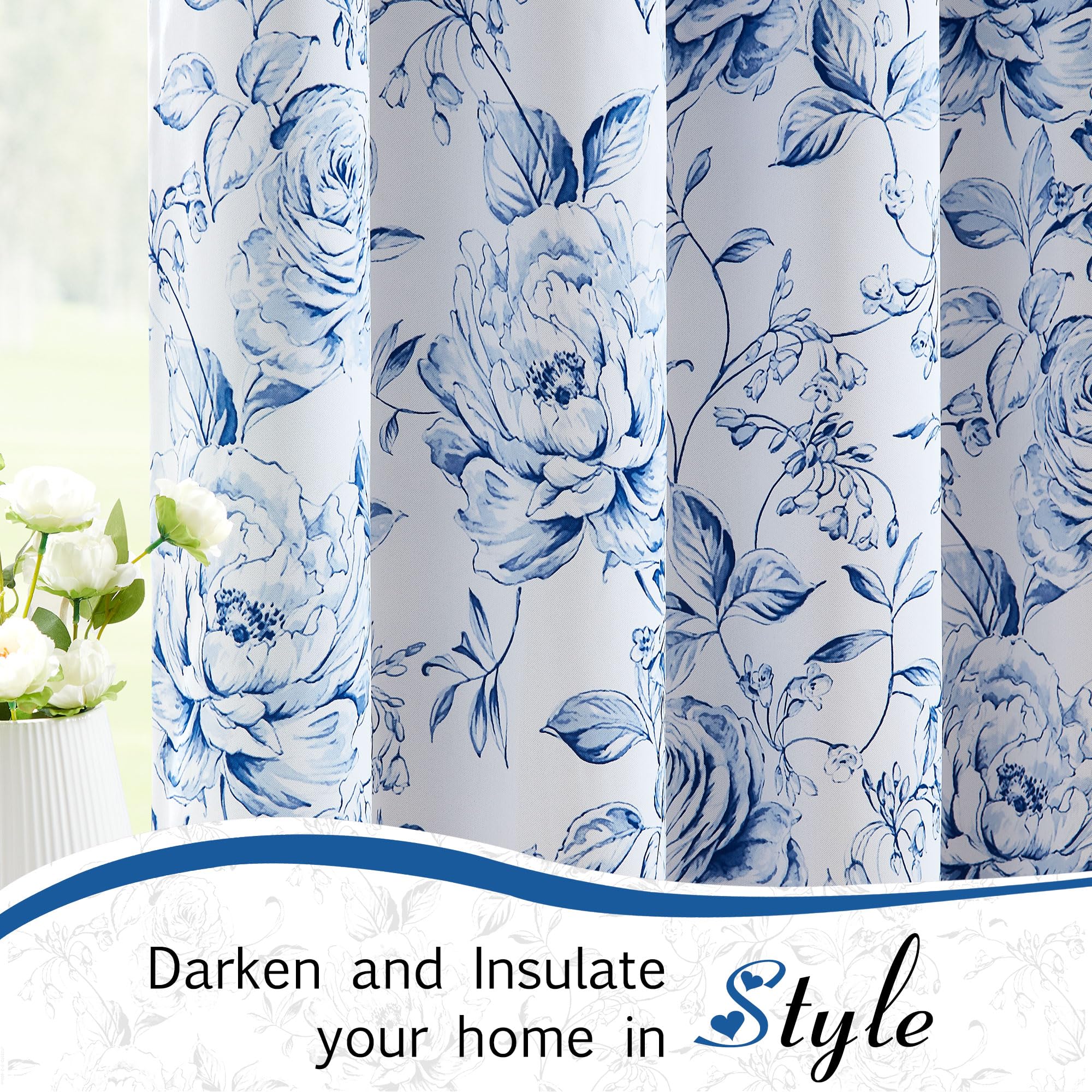 Beauoop Lot de 2 Rideaux de fenêtre à Motif Floral bohème 100% occultant, Isolation Thermique et réduction du Bruit, pour Chambre à Coucher/Salon, avec œillets, 127 x 213 cm, Blanc/Bleu
