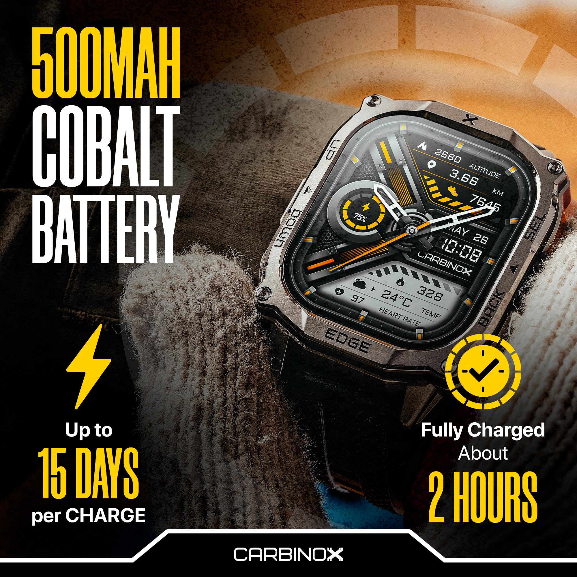 CARBINOX Edge Smartwatch, robust, 4,9 cm (1,96 Zoll) AMOLED, Edelstahl, IP69K/5 ATM, Fitness-Tracker, Dual-Band GNSS, 500 mAh, Bluetooth-Anrufe, Smartwatch für Android-Handys, iOS (Silver Ultimate