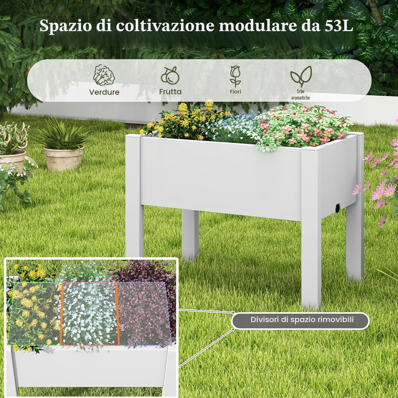 HOMASIS Orto Rialzato da Esterno in PP, Fioriera Rialzata da Esterno con Sistema di Irrigazione Automatico, Aiuola Rialzata per Piante con Capacità di 53L, 76 x 45 x 61 cm (Grigio)