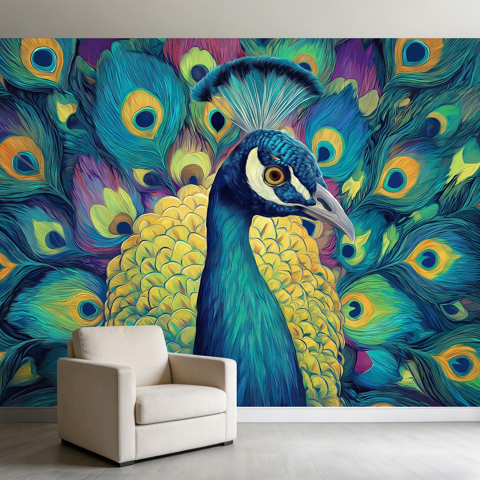 Fototapeta ze zwierzęciem paw 350 x 256 cm panoramiczna tapeta, obraz olejny z włókniny panoramiczny mural do pokoju dziewczynki chłopiec sypialnia salon dekoracja sypialni