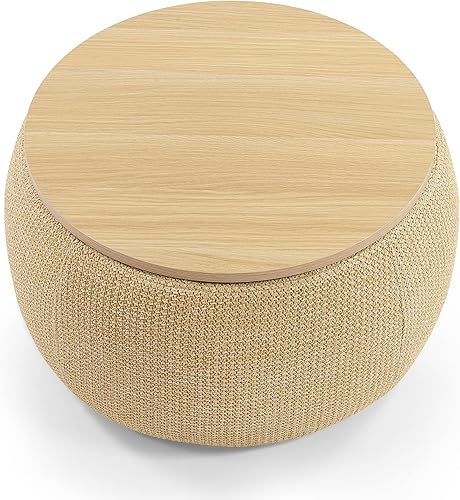 Vista 4 de Zushule Otomana redonda con almacenamiento para sala de estar, mesa auxiliar, reposapiés, mesa auxiliar, con bandeja de tapa reversible (natural)