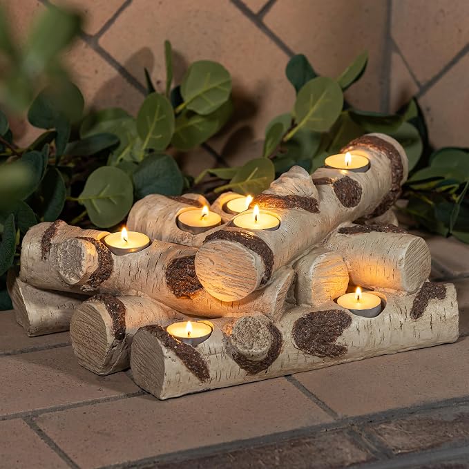 Plow & Hearth Faux Birch Fireplace Candle Holder, Resin Log