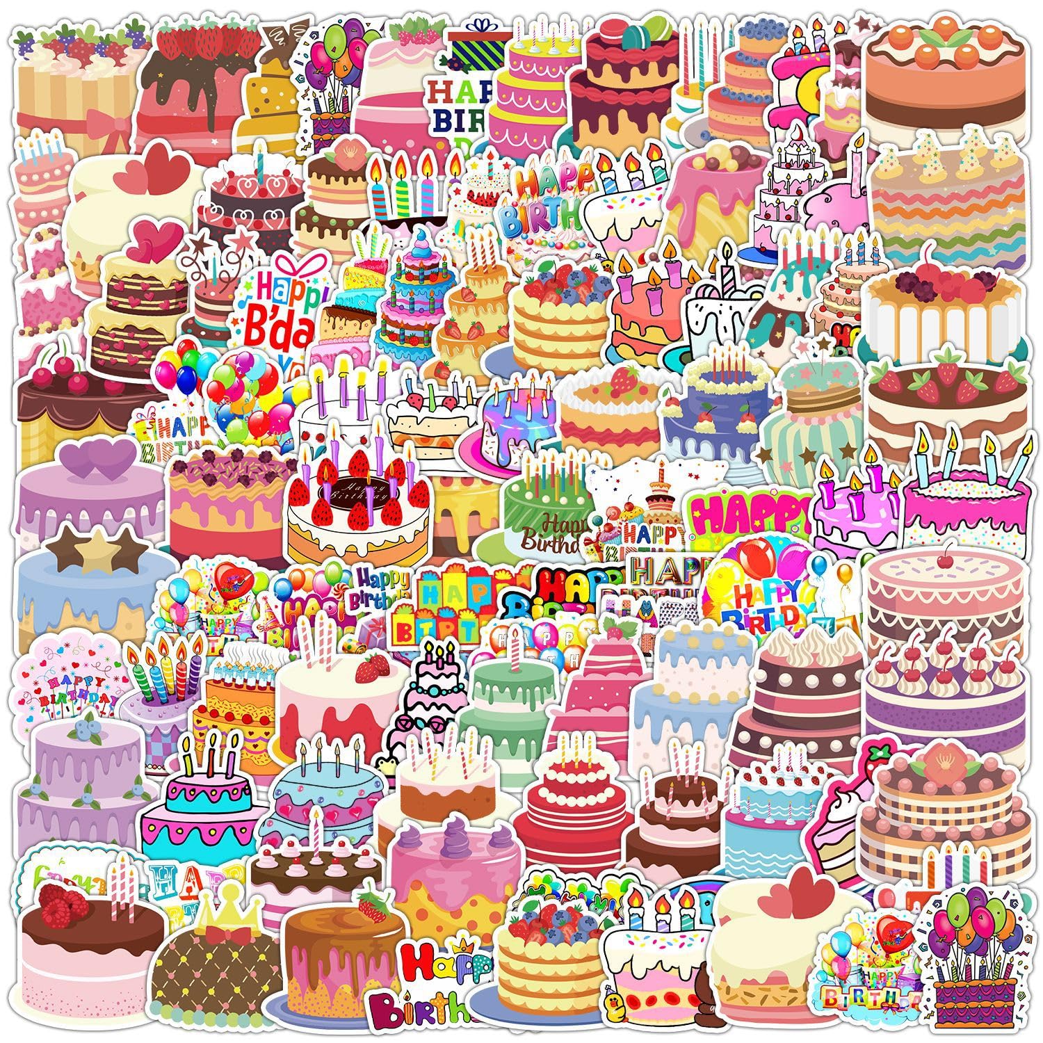Bric Dodo Men's Cake 100Pcs Stickers Laptop Car Scrapbook Phone Skateboard Suitcase Luggage Bike Birthday Stickers Vinyl Waterproof Aesthetic Personalised Stickers For Teens Boys Girls Adults Children