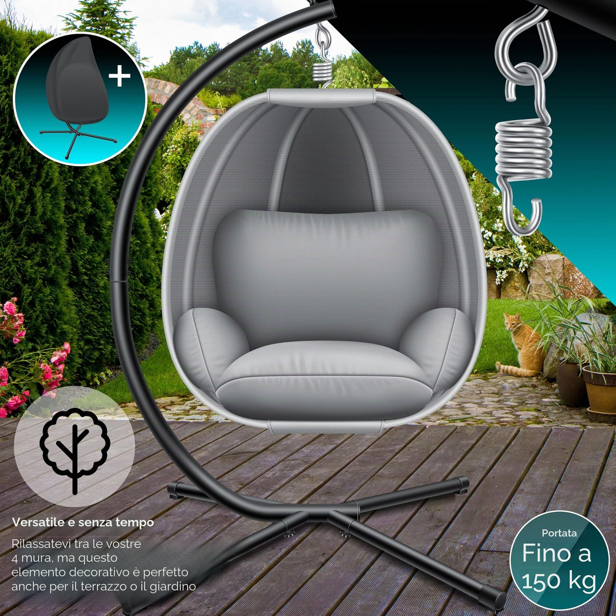 KESSER® Poltrona sospesa Luxe con telaio + morbido cuscino da seduta, imbottitura laterale, seduta e schienale imbottiti, cesto sospeso, per interni ed esterni, cesto a dondolo da giardino, grigio