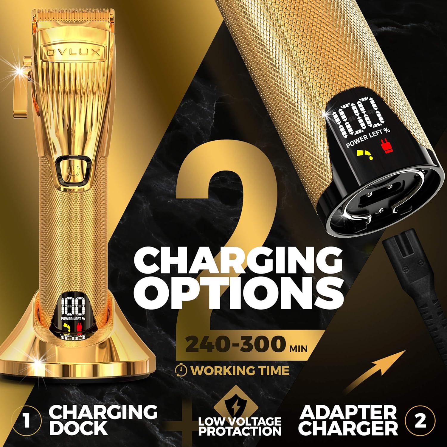 OVLUX Hair Clippers for Men Professional Clippers for Hair Cutting with Clipper Guards Full-Metal Body and Cordless Beard Grooming Kit with Charging Base, Hair Clipper for Barbers, Gifts for Men Gold