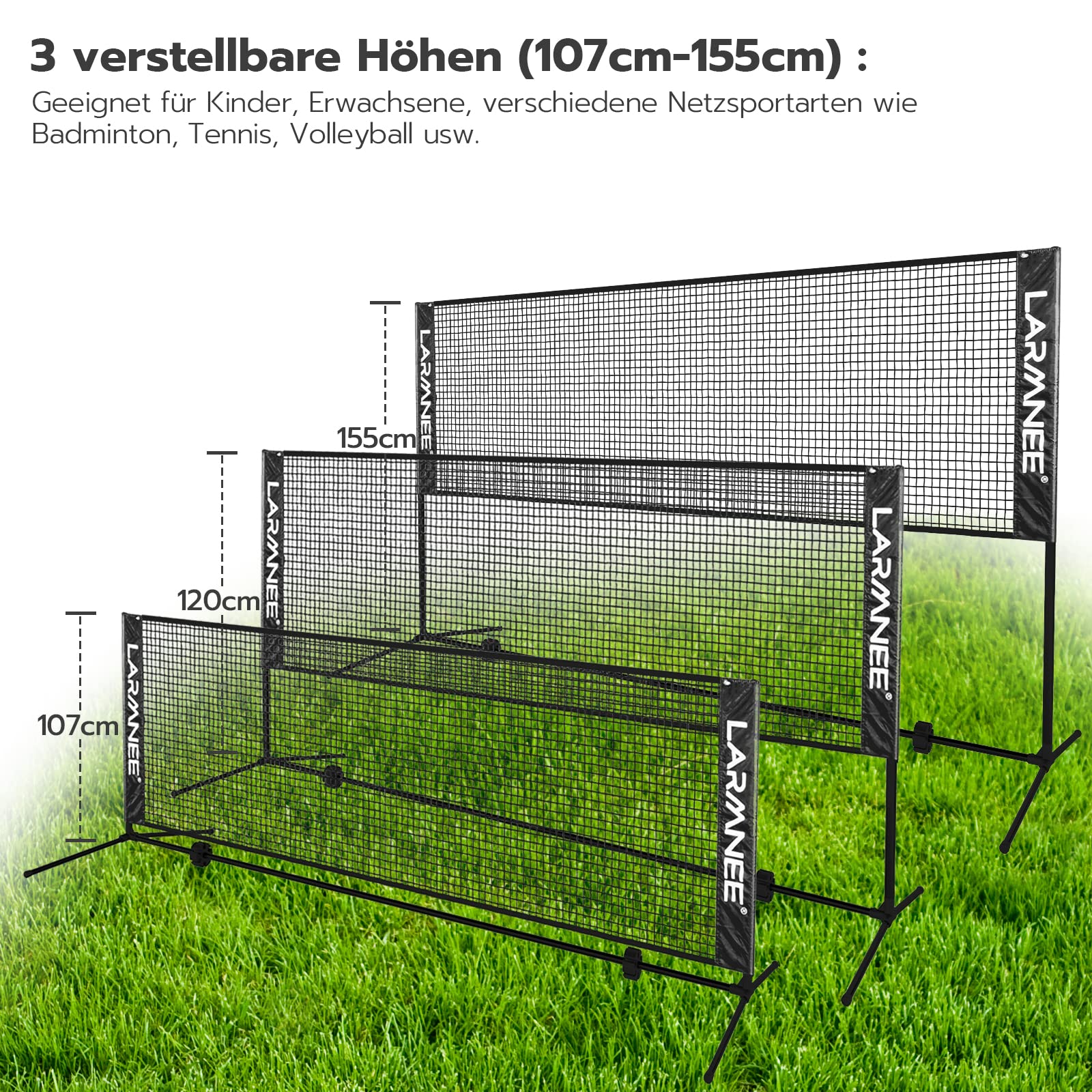 LARMNEE Badmintonnetz, Volleyballnetz, Federballnetz, 3-Fach-Höhenverstellbar 107/120/155cm, Tragbares Set für Tennis, Badminton oder Volleyball, für Garten, Indoor, Outdoor