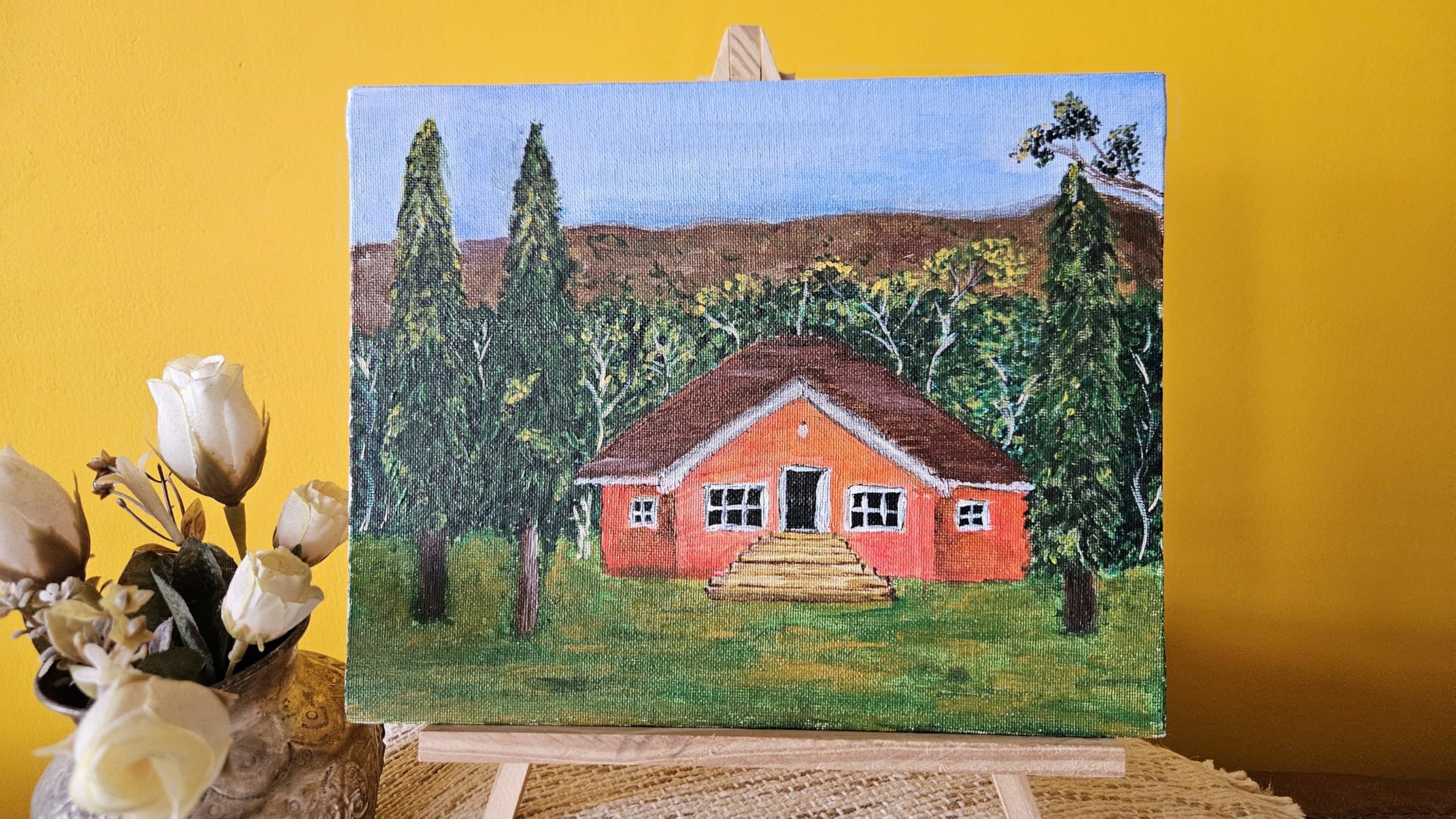 Original Handmade Acrylic Painting on Canvas Board - Cottage in a Coffee Estate!