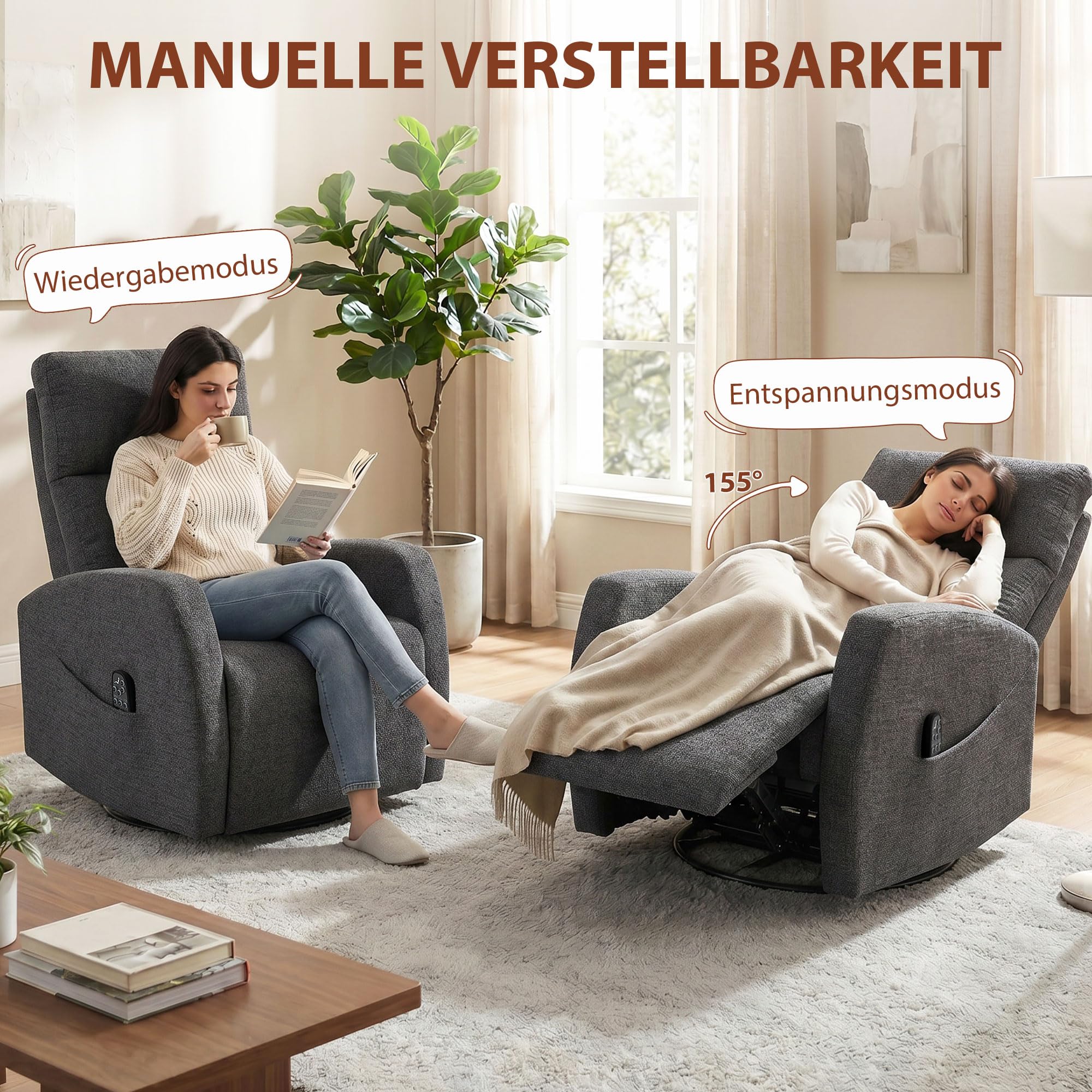HOMCOM Relaxsessel Fernsehsessel Wärme und Vibrationsmassage Dunkelgrau | Drehbarer Massagesessel, Liegefunktion, Wippfunktion, Seitentasche, TV-Sessel mit Chenille-Optik, für Wohnzimmer