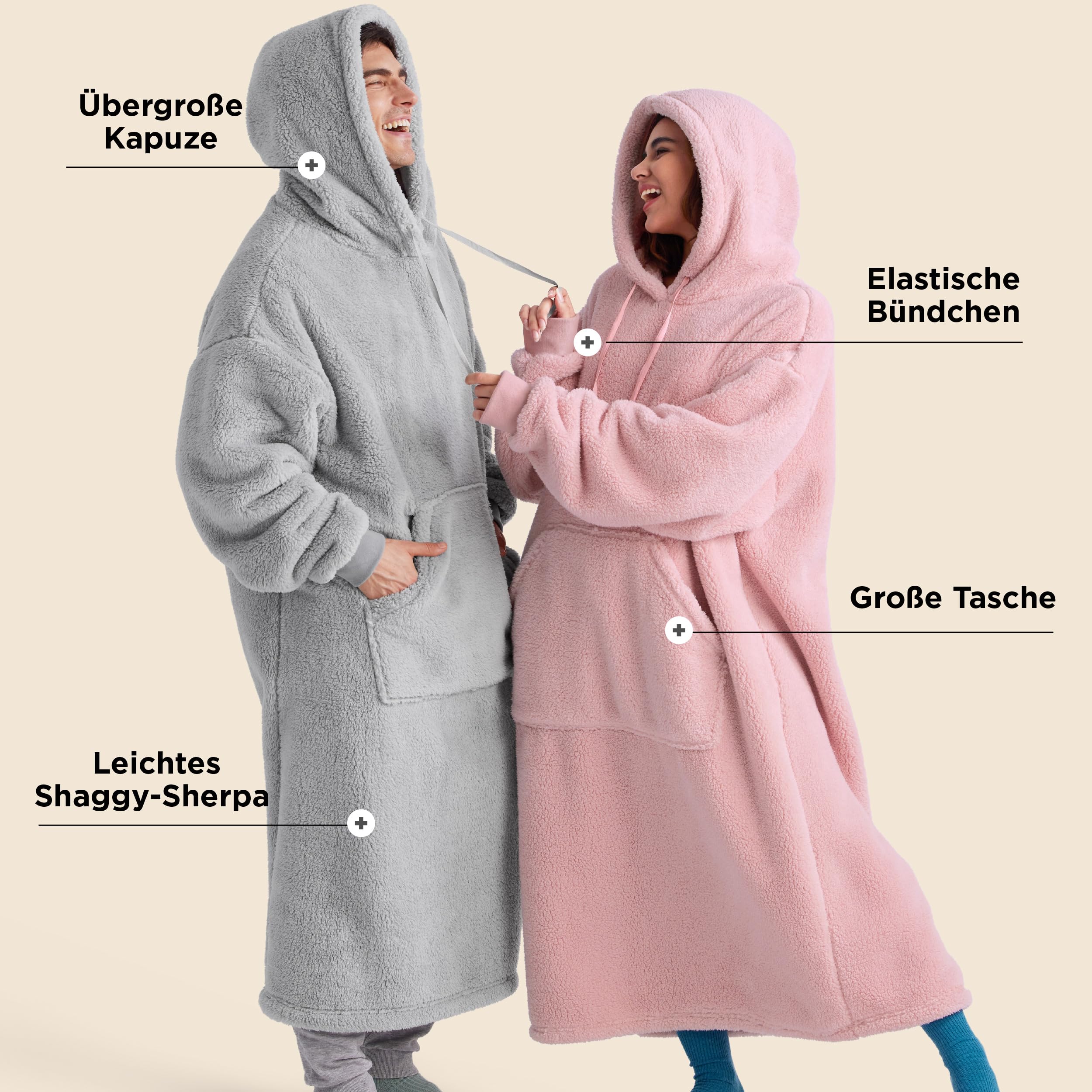 BEDSURE Hoodie Decke mit Ärmeln - Kuschelpullover als Geschenke für Frauen - Kuscheldecke mit Ärmeln Lang Tragbare Decke zum Anziehen Erwachsene Weihnachtsgeschenke für Frauen Herren, Grau 129x75cm
