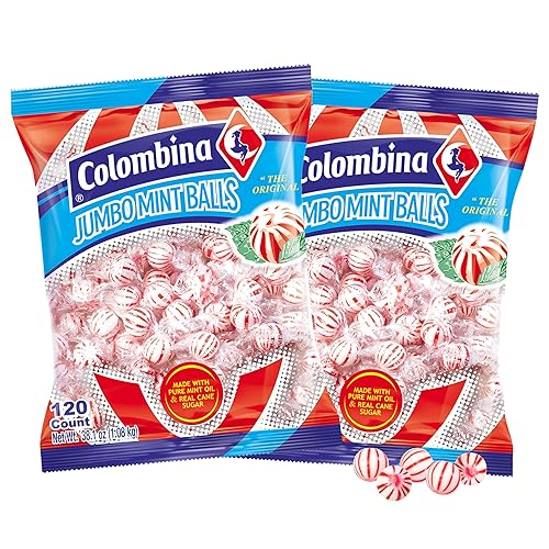 Colombina Bolas de menta jumbo, bolas de caramelo duro de menta roja y blanca, envueltas individualmente... (menta, 120 unidades, 2 unidades)