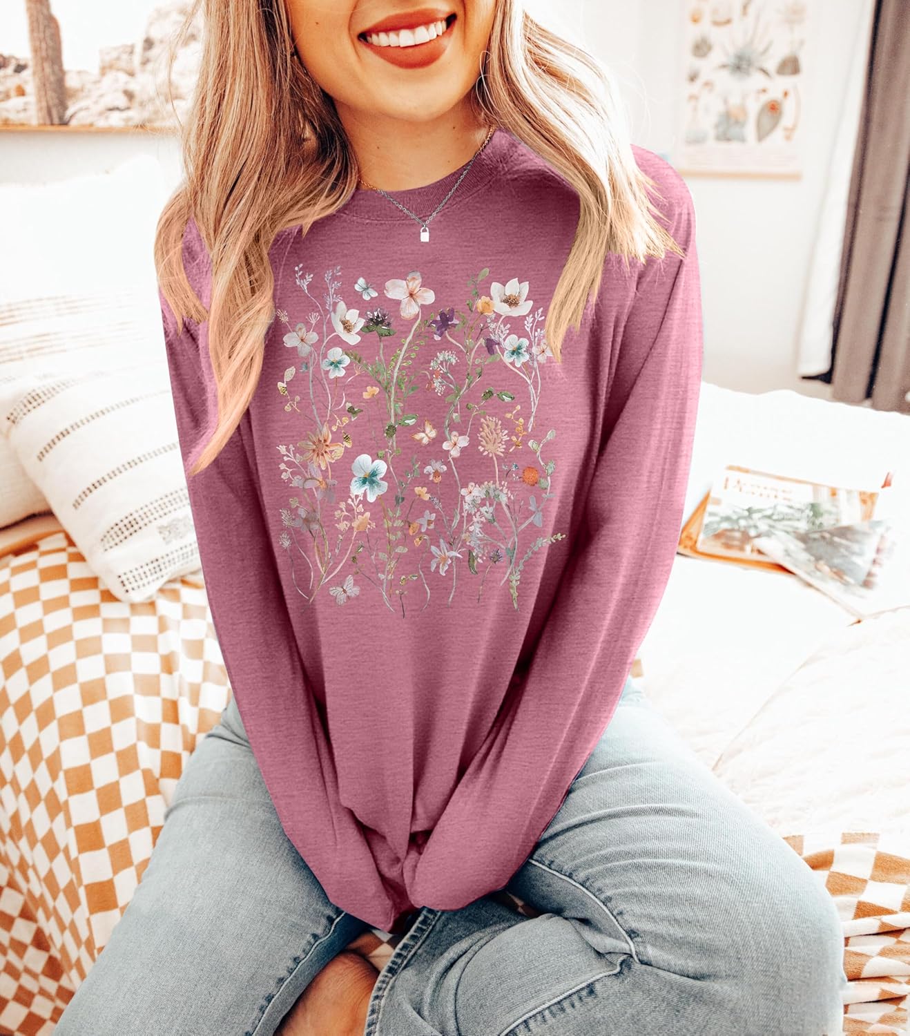 Women Flower Graphic Long Sleeve T Shirt Boho Floral Shirt Vintage Botanical Tee Wildflower Lover Tops - Image 3