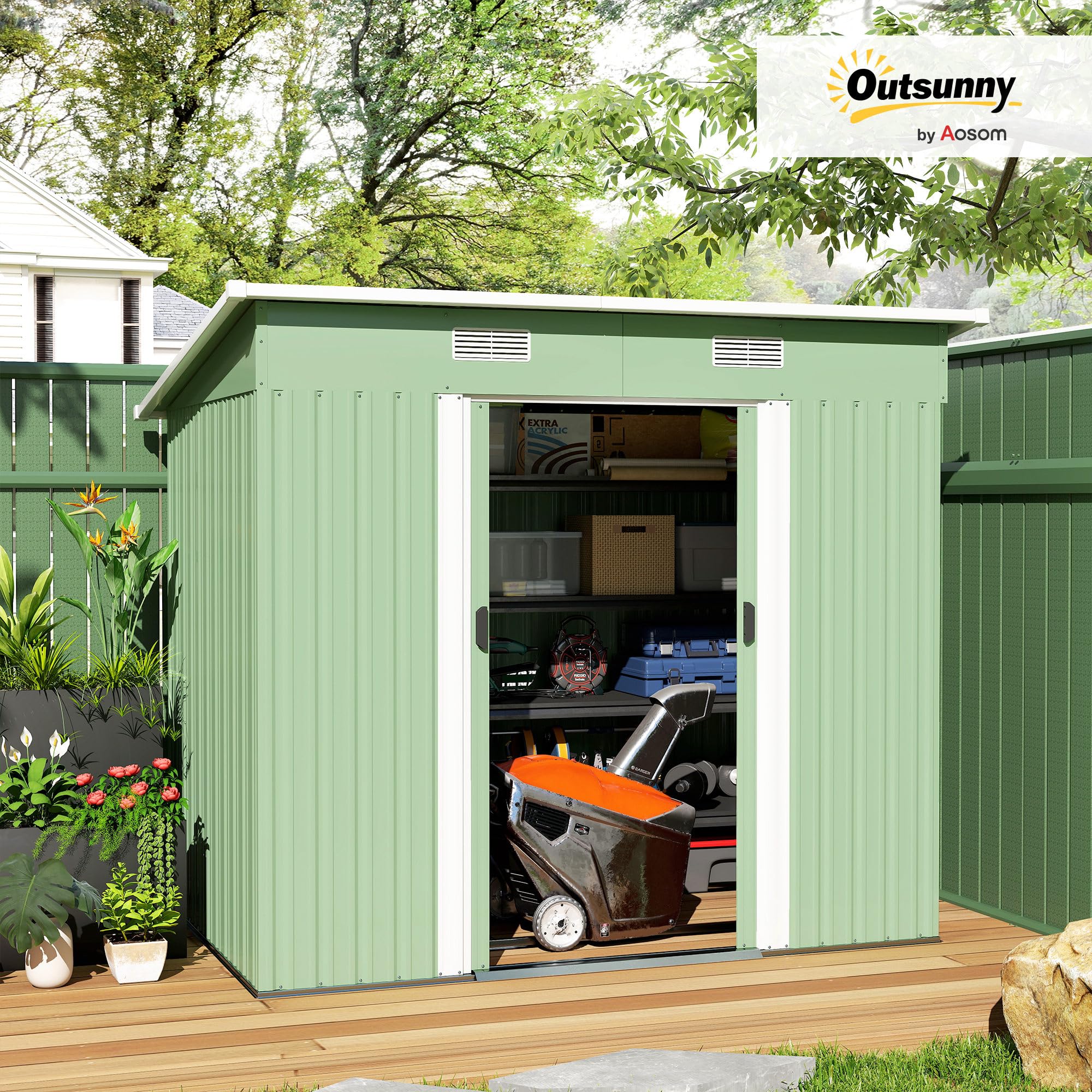 Outsunny Gerätehaus 2,3 m² 207 x 130 x 182 cm Metall Garten Schuppen mit Fenster Pultdach Schiebetüren Fundament wetterfest Geräteschuppen Outdoor Gartenhaus für Hinterhof Grün | Metall Garten Schuppen, Schiebetüren, Fundament, Wetterfest, Geräteschuppen,