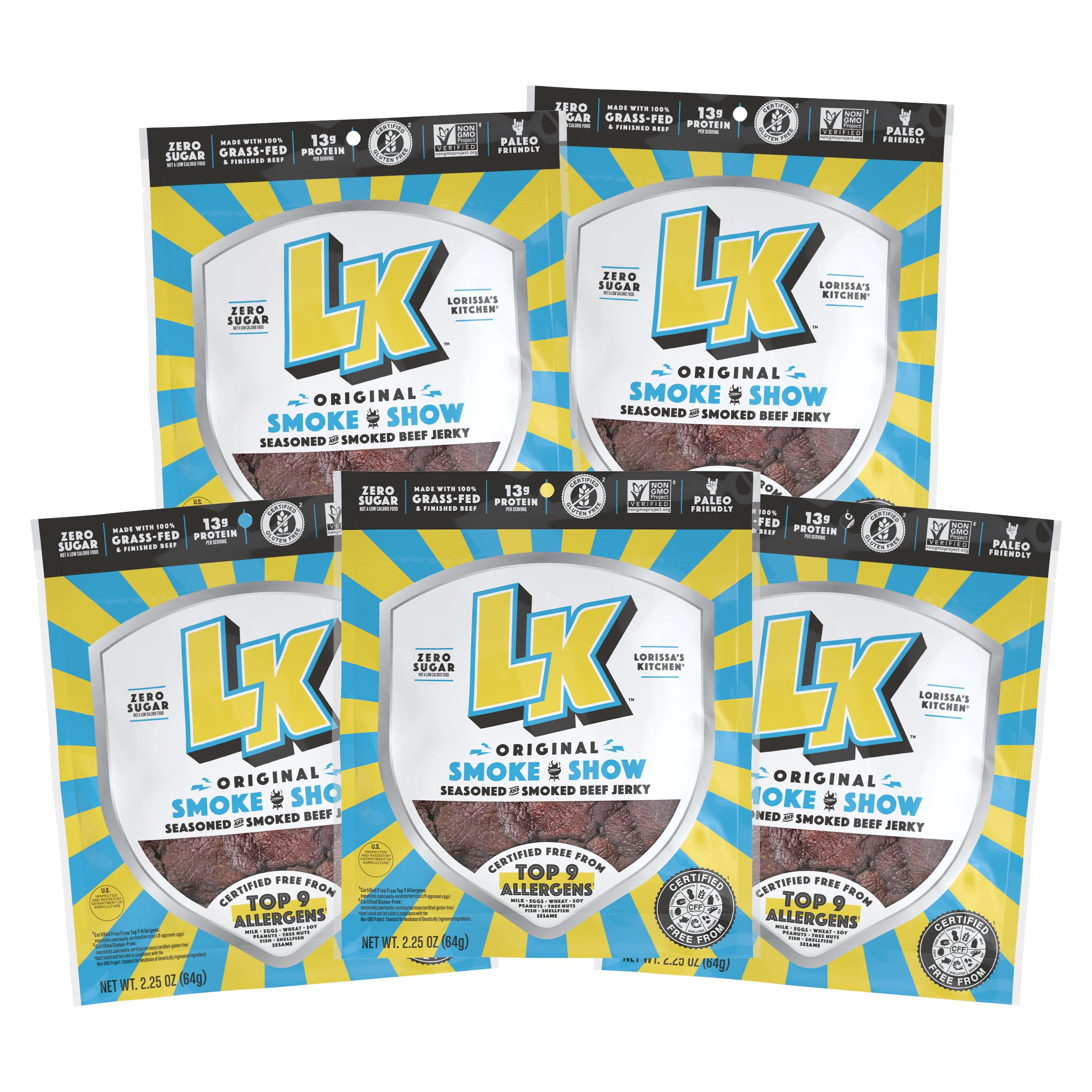 Lorissa's Kitchen Premium Grass-Fed & Finished Beef Jerky Snacks 5-Pack: Original Smoked Flavor, 13g Protein, Certified Free from Top 9 Allergens, Gluten-Free, Non-GMO, Zero Sugar, Keto, Paleo