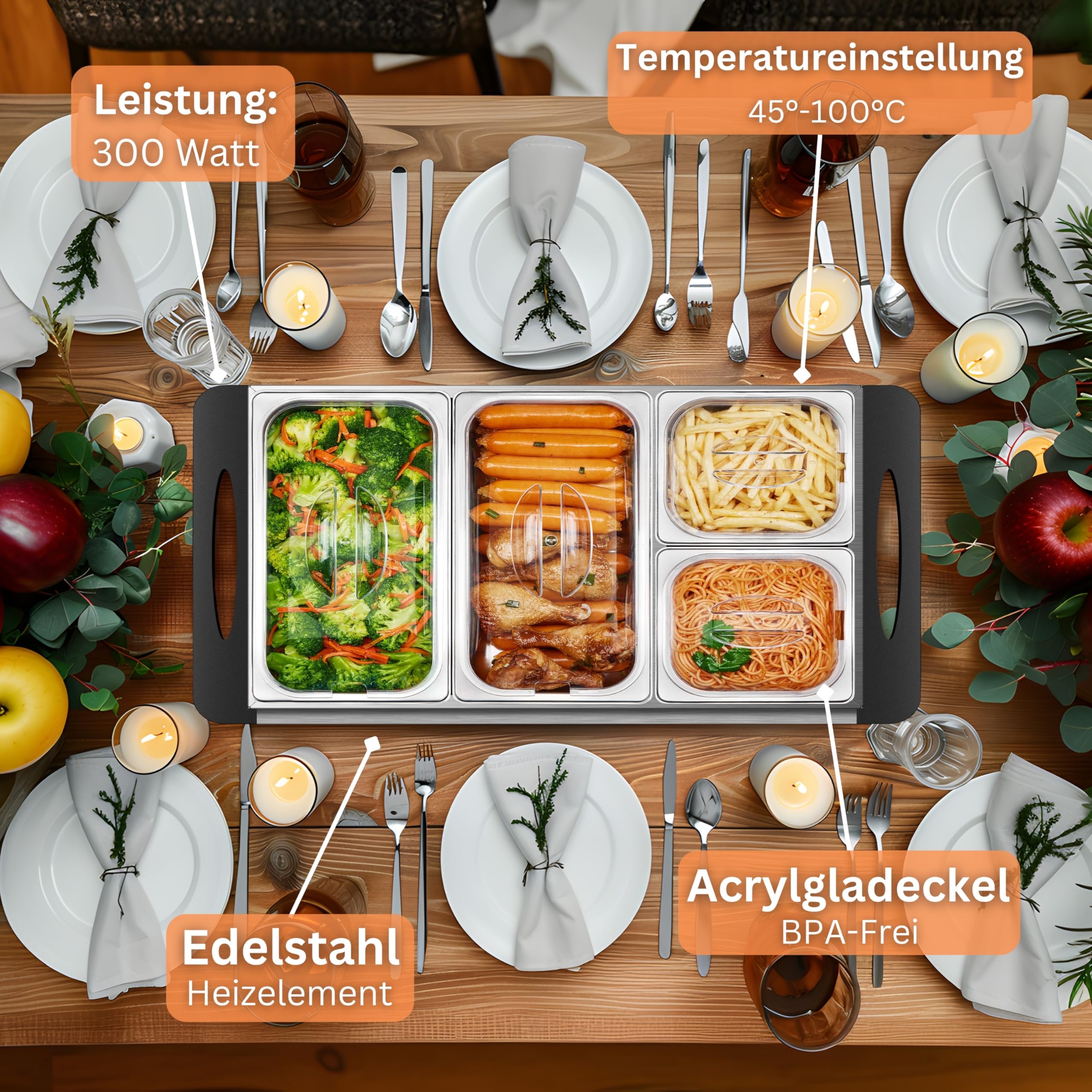 Buffetwärmer Warmhalteplatte 300 Watt 4 Speisebehälter Chafing Dishes
