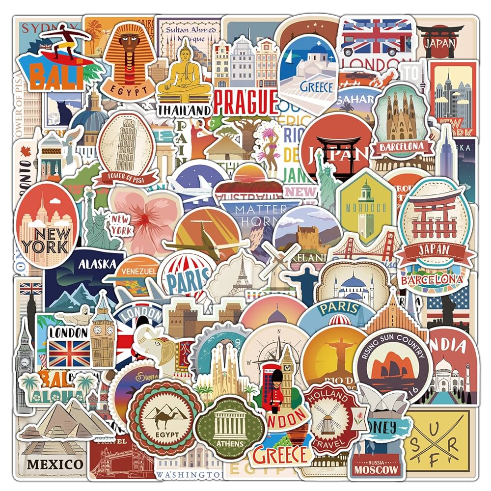 100 Pieces Travel Map City Stickers, Vinyl Waterproof World Tourism Landmarks Stickers Pack, Famous Attractions Building Street Scenic Cityscape Decals For Laptop, Luggage