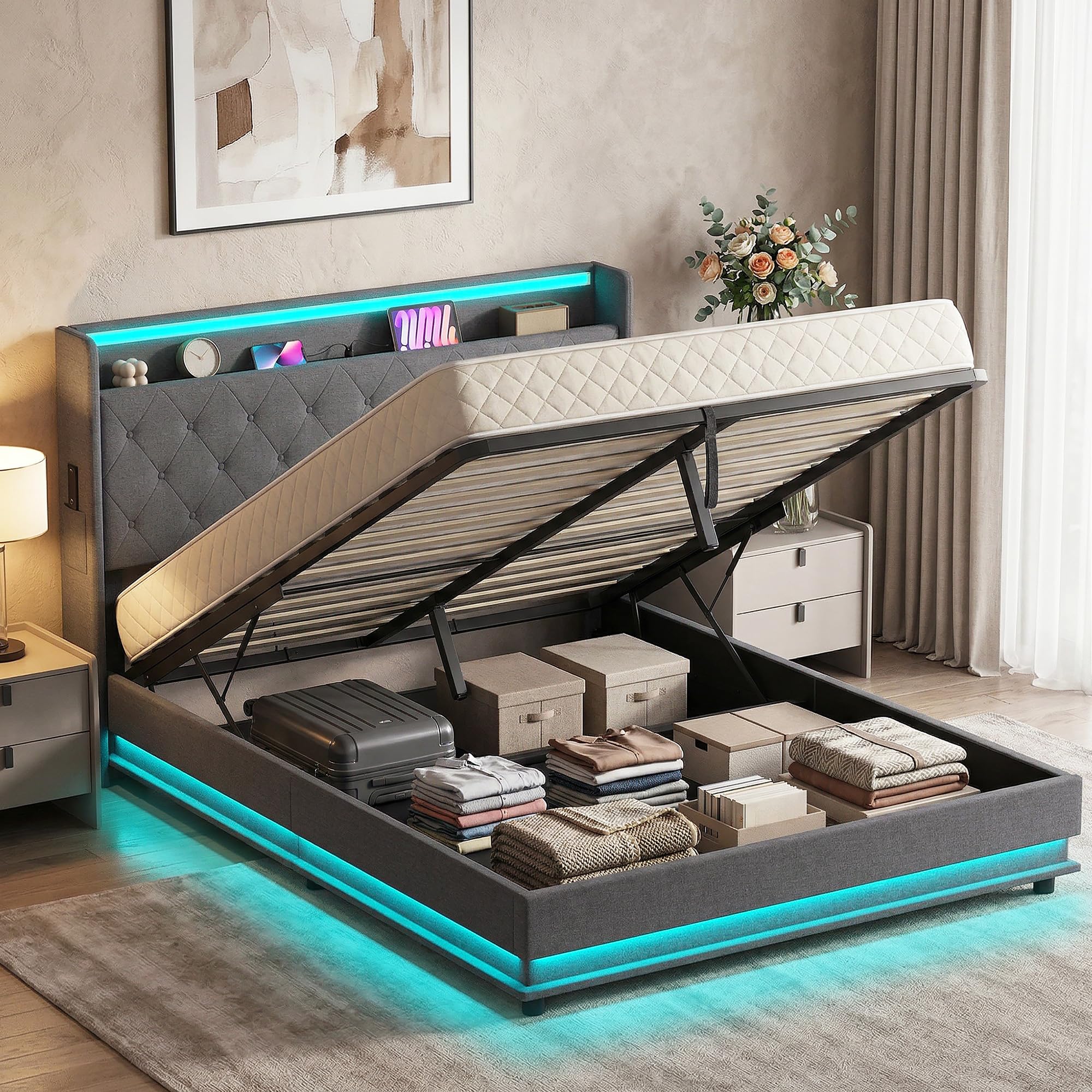 HOMCOM 5ft King Ottoman Bed Frame Hydraulic Storage LED Lights Dark Grey — image 1