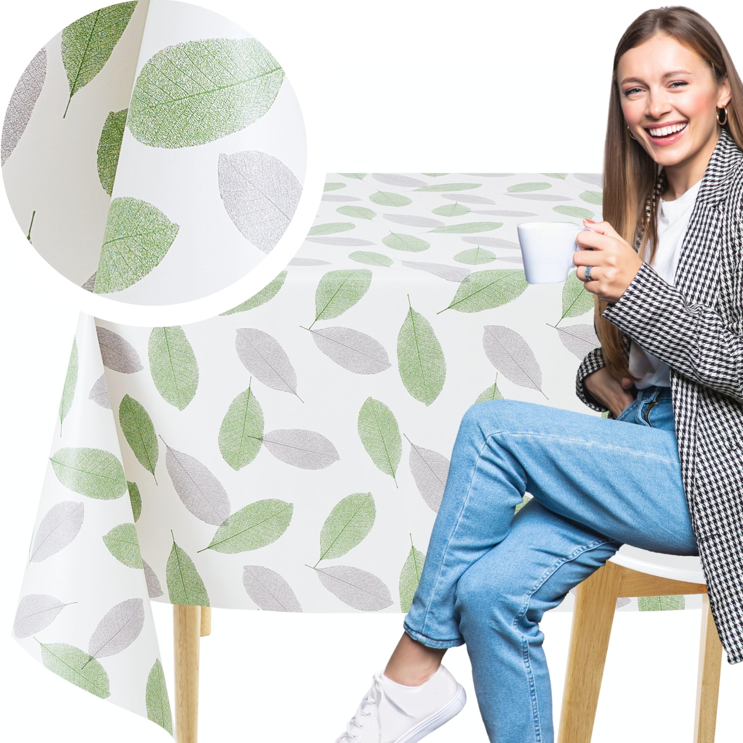 Kp Home Green Leaf Breeze Wipe Clean Tablecloth Rectangular 78.7"X 53.9" (200X137cm) - Plastic Table Cloth Wipe Clean, Rectangle Outdoor Pvc Oil Cloth Table Cover Waterproof - Wipeable Vinyl - Design
