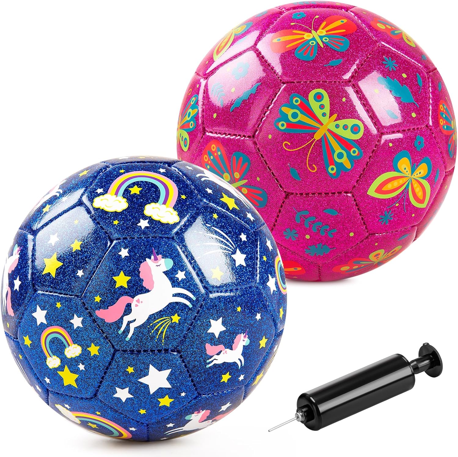ZOOJOY Balón de fútbol de tamaño 2 para niños pequeños de 1 a 3, paquete de 2 bolas de dibujos animados para niños con bolsa de malla de bomba,