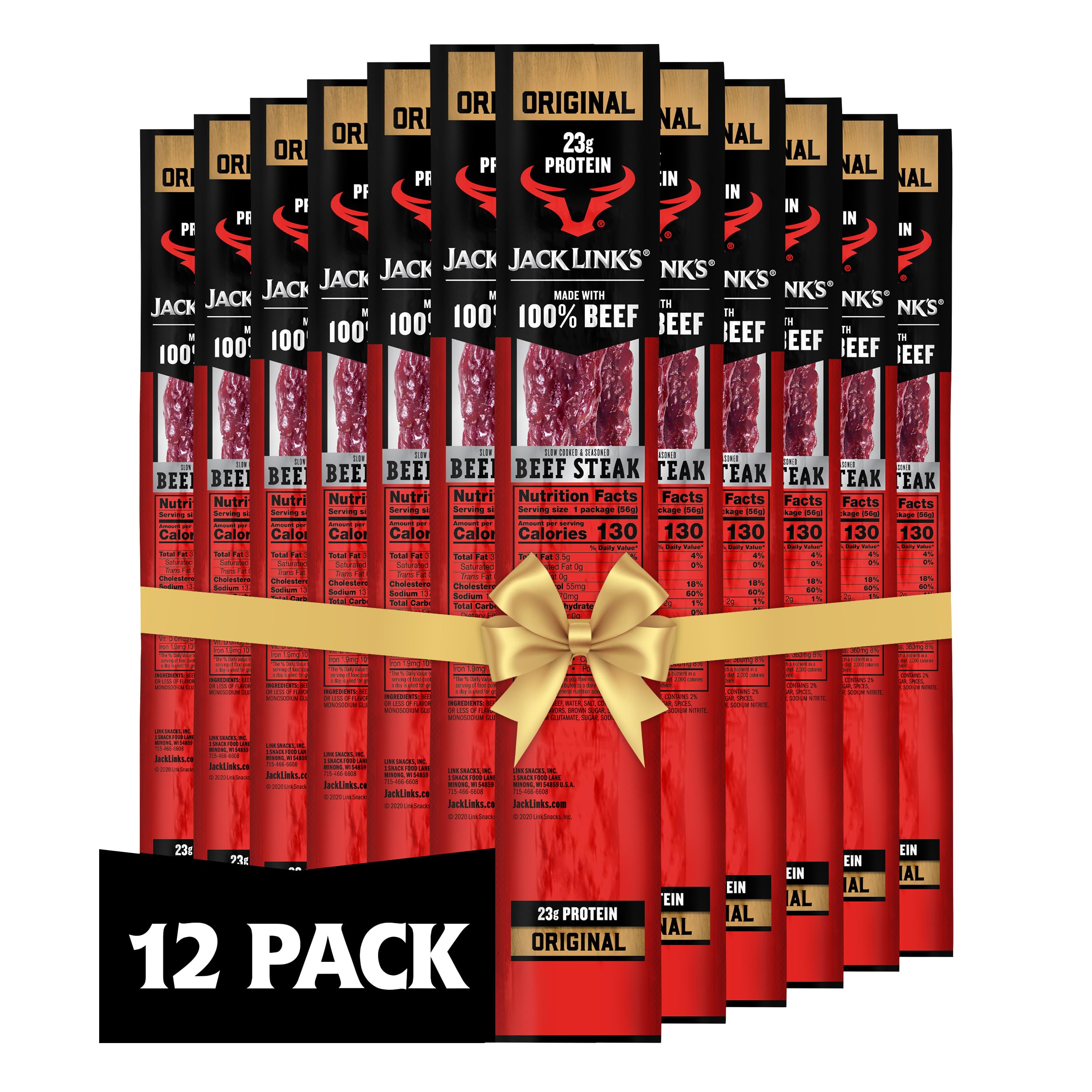 Jack Link's Beef Steak, Original – Protein Snacks, Meat Snack with 23g of Protein, Made with 100% Beef, Individually Wrapped Bulk Snack Pack, Keto Friendly – 2 Oz. (12 Count)