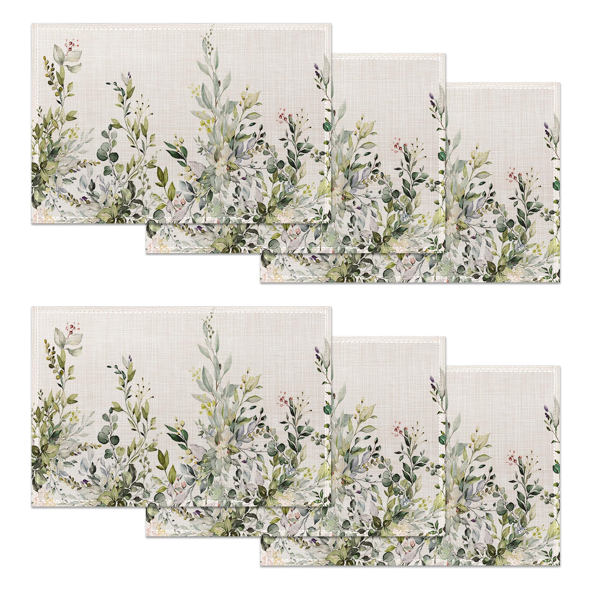 Sage Eucalyptus Placemats Set of 6,Green Leaves Washable Non-Slip Heat Resistant Linen Table Mats for Kitchen Dining Table,Indoor Outdoor Party Decor 12"x18"