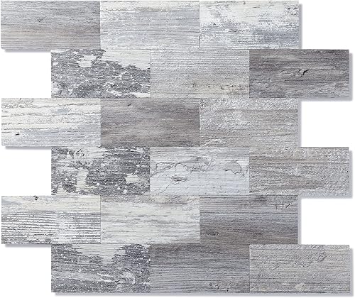 Azulejos de pared de PVC para despegar y pegar, azulejos de piedra para cocina, baño, chimenea, lavandería, cámper en madera rústica clara (12 x 12