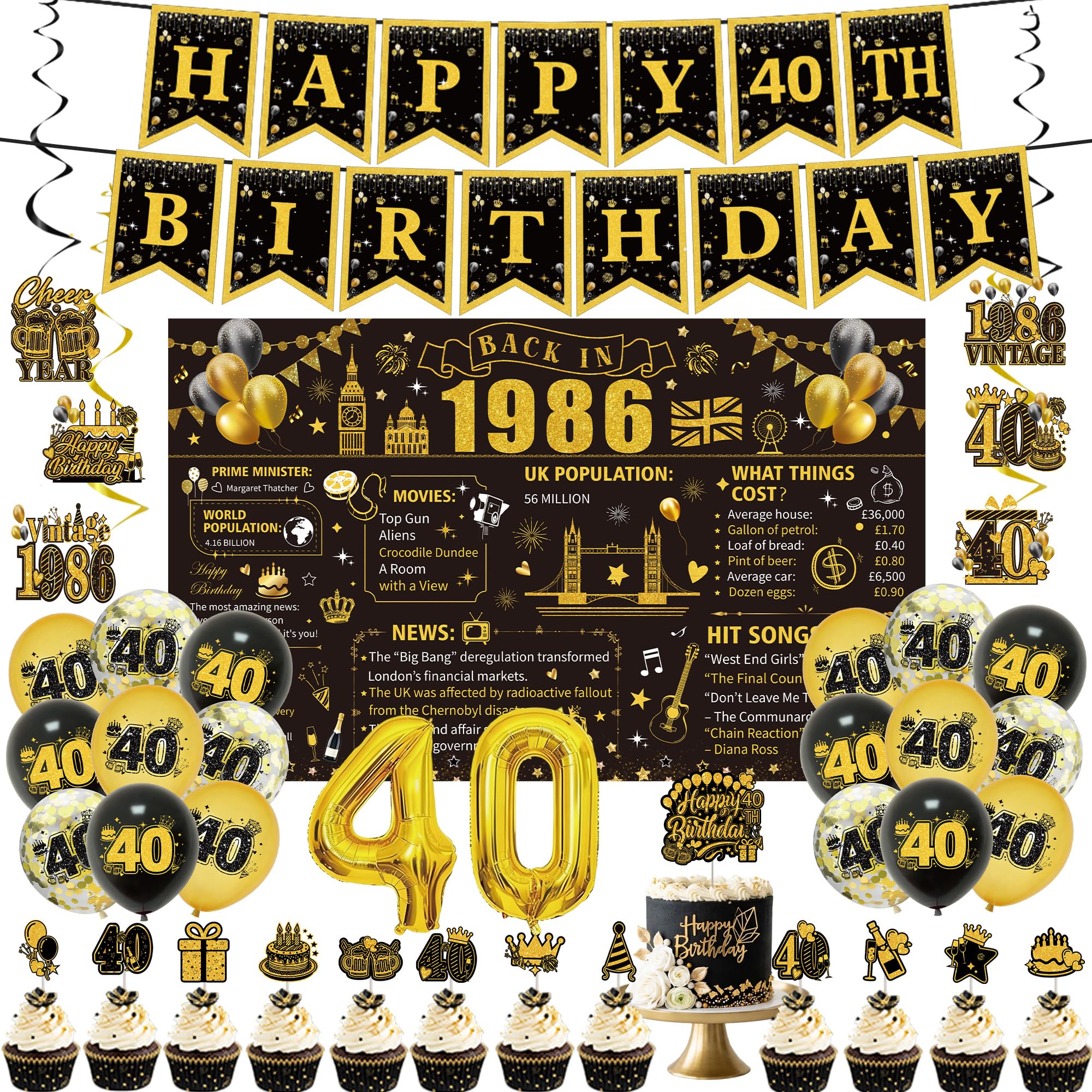 PURCAFT 43pcs Black Gold 40th Birthday Decorations Include Happy Birthday Banners Back in 1986 Backdrop Sach Hanging Swirls Balloons Cake Cupcake Toppers for 40th Birthday Party Supplies Men Women