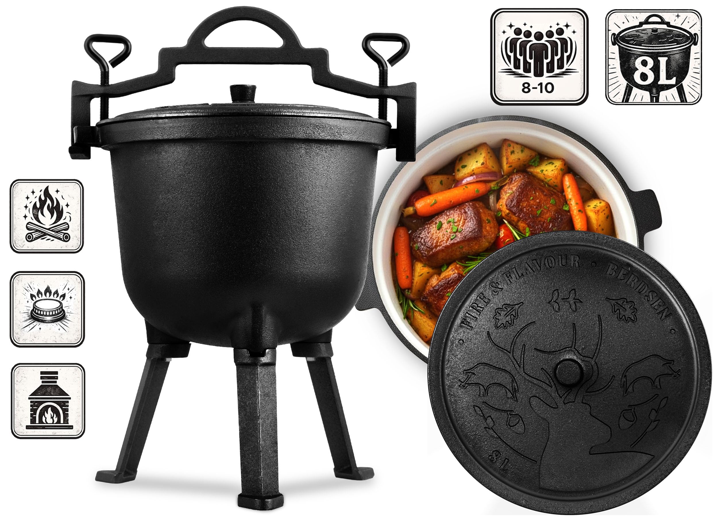 Berdsen Pentola in ghisa 8 l olandese – pentola smaltata per falò e barbecue – cottura uniforme senza attaccarsi – con 3 gambe e ganci – incluso ricettario – nero