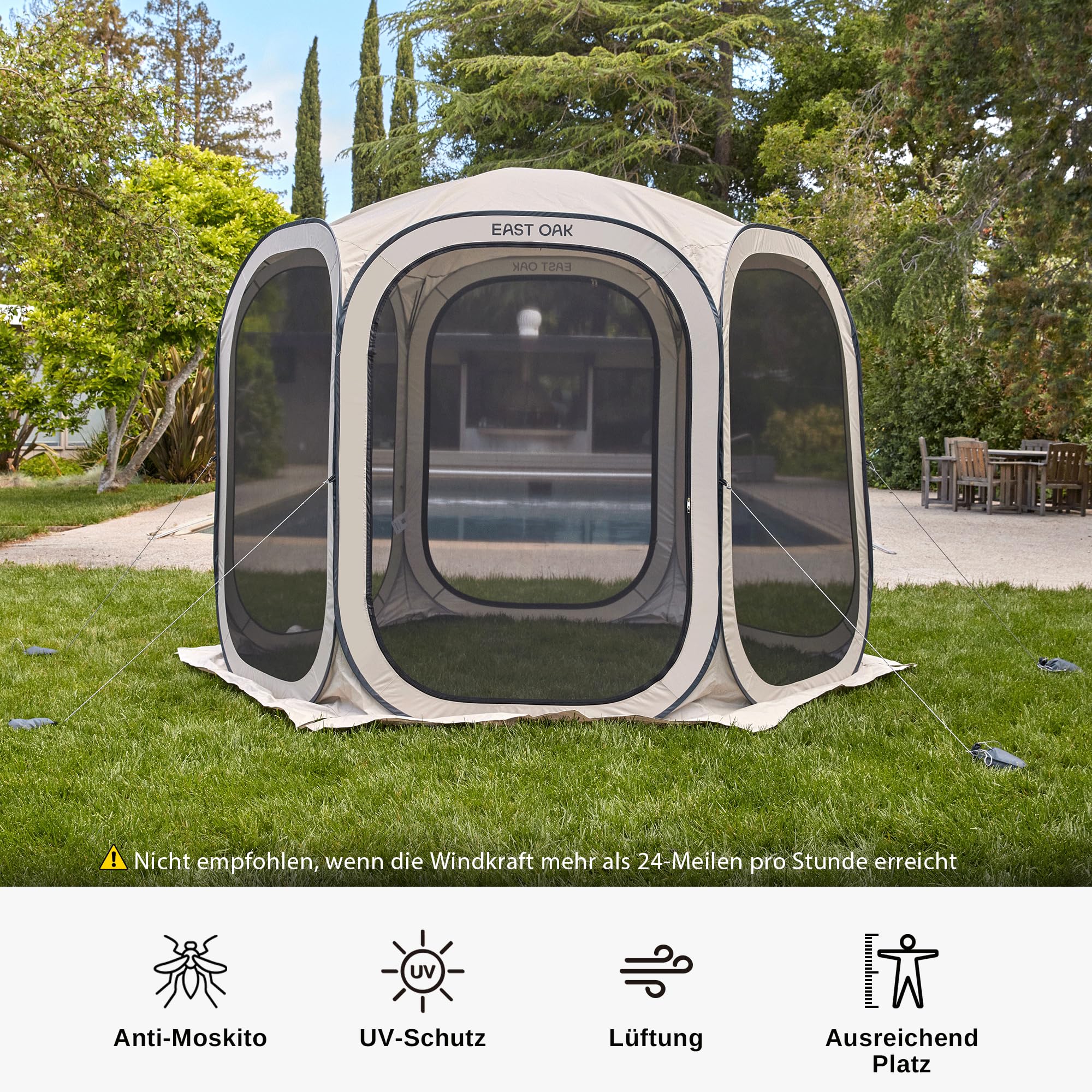 East Oak Pop Up Zelt, Pavillon 3×3m, Wurfzelt Große für 4-6 Personen, Gazebo für Camping, Garten, Terrasse, Stoffe Wasserdicht, UPF 50+ UV Schutz, 360° Belüftung, Anti Moskito, mit Tragetasche, Beige