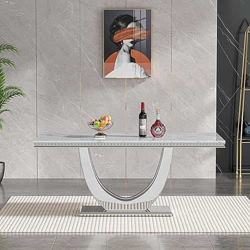 Miniatura 4 de Juego de mesa de comedor de mármol blanco plateado para 4, 5 piezas, juego de comedor moderno con mesa de mármol sintético de 70 pulgadas y 4 sillas