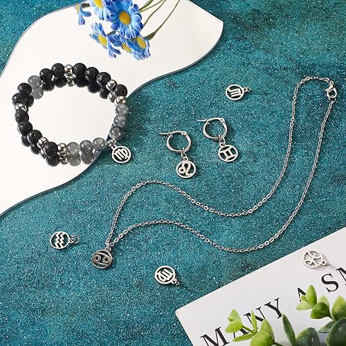 Miniatura 3 de 12 dijes de constelaciones de acero inoxidable con signos del zodiaco, planos, redondos, astrología, horóscopo, para collares, pulseras, aretes,