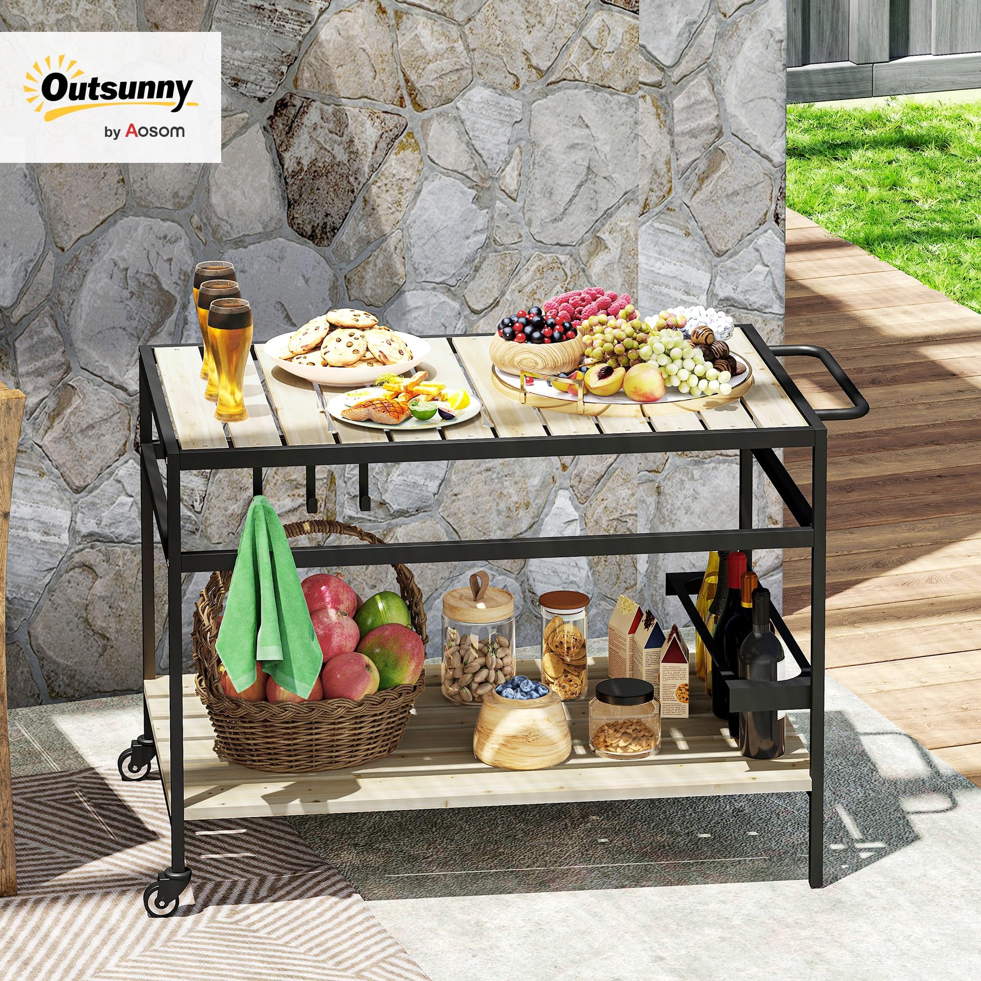 Outsunny Camarera con Ruedas de Madera Carro de Servicio con Encimera de Listones 2 Estantes 3 Ganchos y Asa para Jardín Terraza Patio 107x65x80 cm Natural
