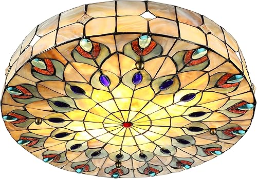 NIUYAO 298230 - Lámpara de techo vintage de 20 pulgadas de ancho, hecha a mano, montaje empotrado, con pantalla de pintura de cola de pavo real