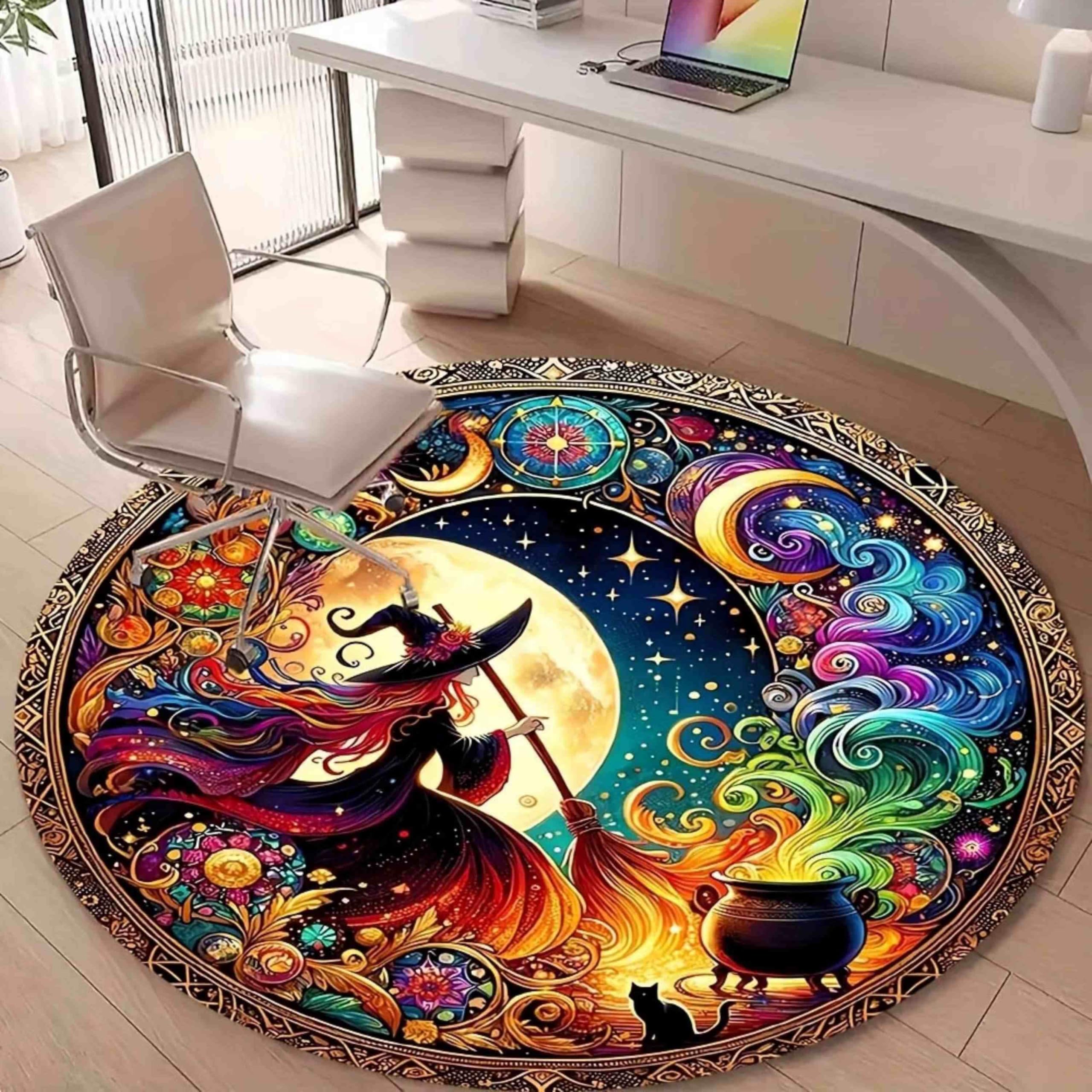 Hexen Runder Teppich Magie Mond Stern Motiv Design, Waschbar Antirutsch Kurzflor Teppich für Wohnzimmer Kinderzimmer Halloween, Dekorativer Rundteppich Farbe 80cm Runde