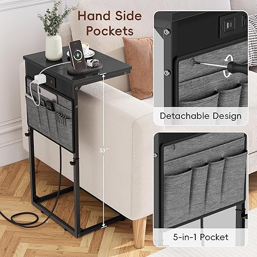 Miniatura 6 de Vagusicc Mesa auxiliar en forma de C con estación de carga, mesa auxiliar de altura ajustable para sofá, mesa de sofá pequeña, mesa de sofá