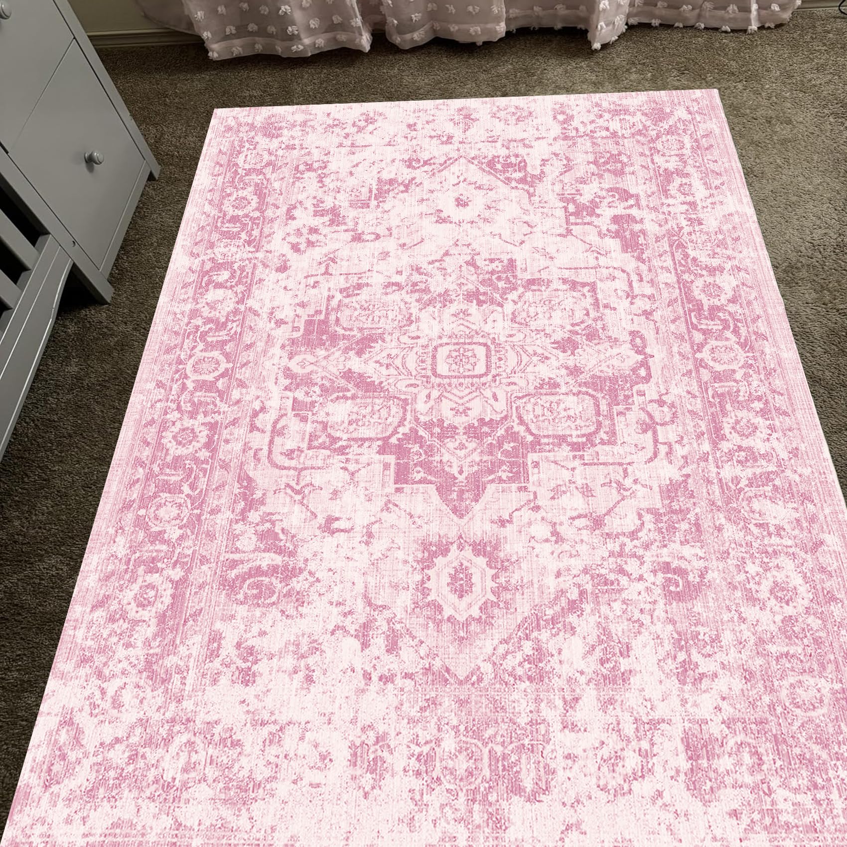 Teppiche Wohndeko für Wohnzimmer Schlafzimmer Aesthetic Room Decor,Floral Distressed Vintage Solid Modern Prints, Pink, 150 x 200 cm