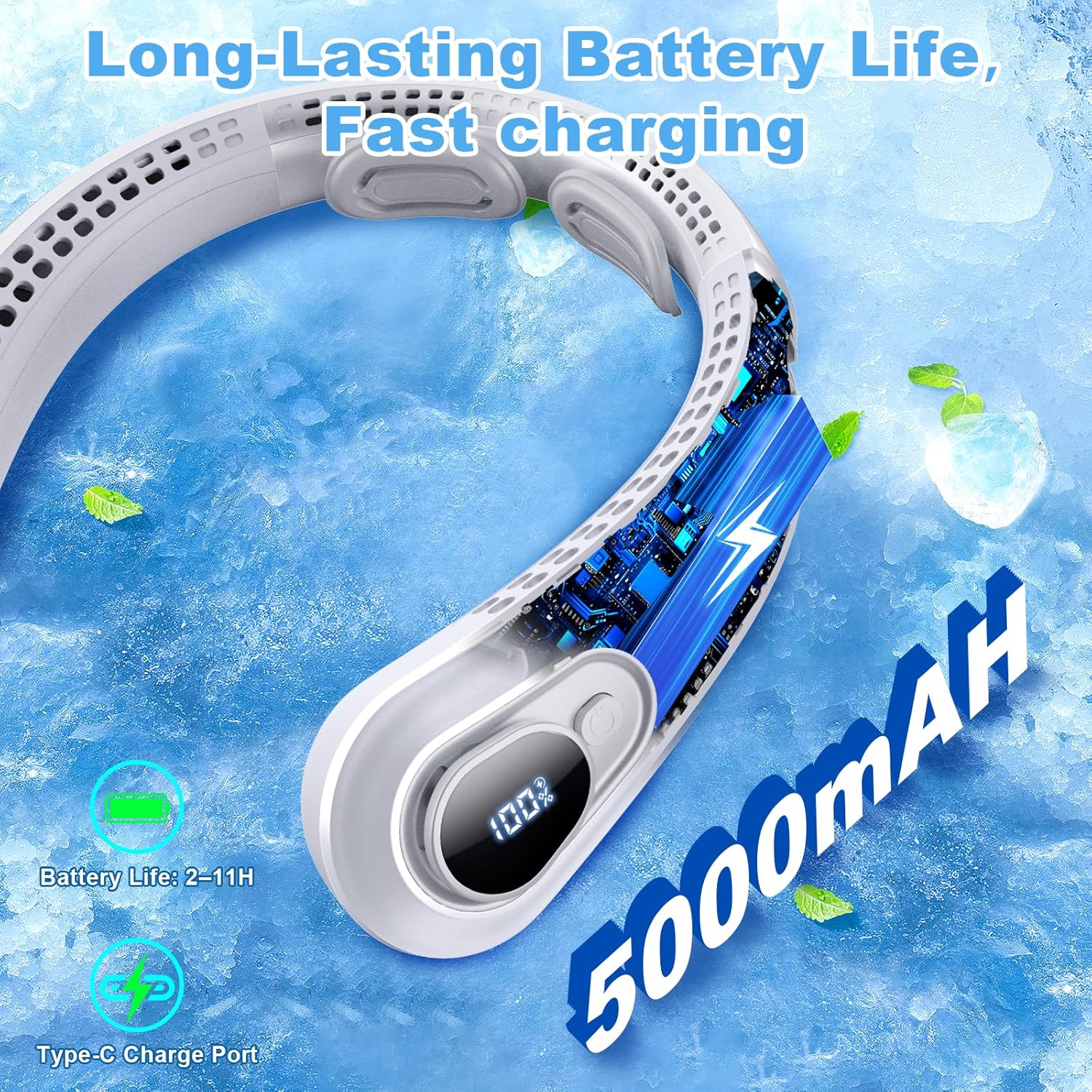 Portable Neck Fan Rechargeable - [with LED Display] 5 Speeds, 5000 mAh Battery Operated Wearable Personal Cooling Bladeless Fan for Outdoor Travel, Gifts for Men Women Kids,Gray