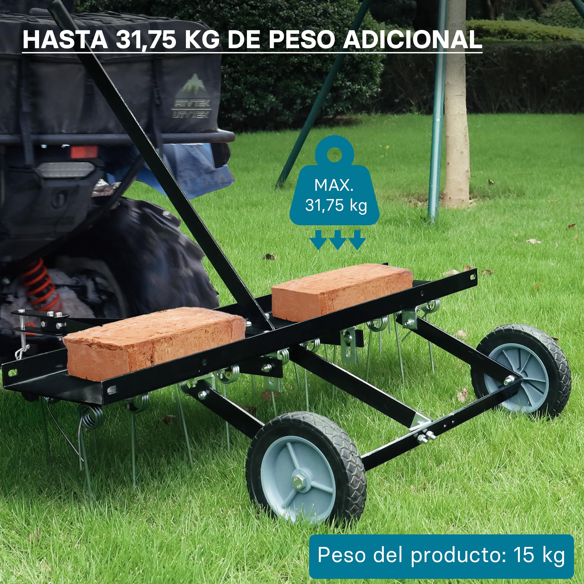 Wiltec Escarificador de césped 100 cm de ancho de trabajo muelles de acero 16,5 cm altura regulable 18 y 22 cm ruedas resistentes 15 Kg de peso aireador quita musgo rastrillo para tractor cortacésped