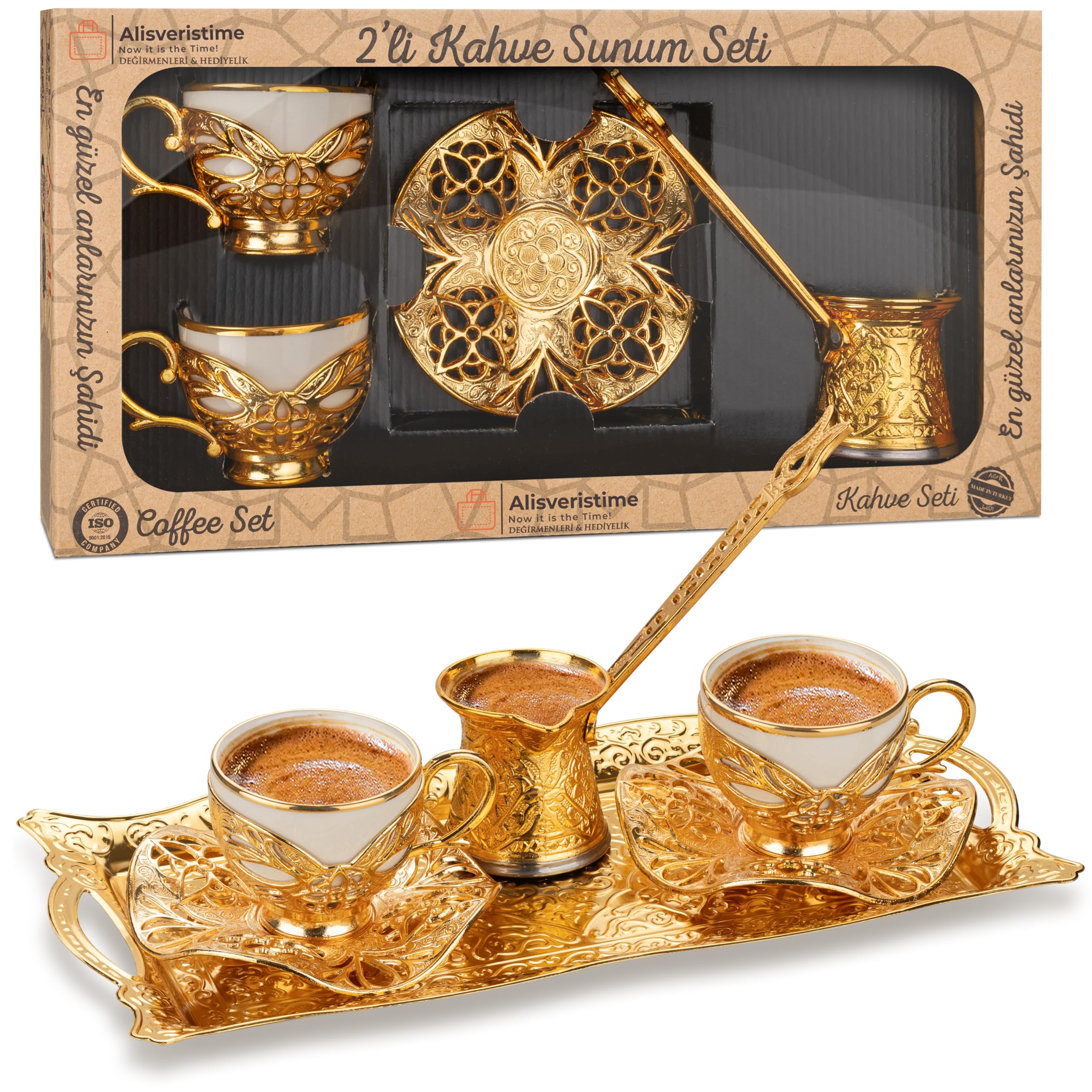 Alisveristime Turkish Coffee Set for Two, 2 White Gilded Porcelain Cups with Zamac Holders and Saucers, Metal Tray, Lale Motif Zamac Coffee Pot (White Gilded) (Gold)