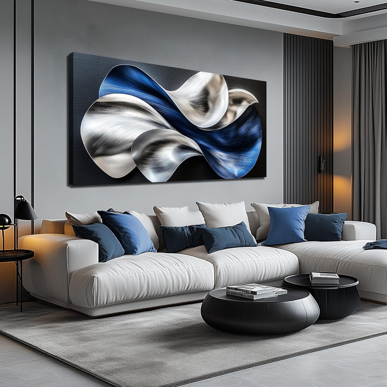 JuhaiArt Blue and White Wall Art for Office Flow Wall Decor Large Abstract Canvas Wall Art Bedroom 29" x 59" Modern Silver Prints Artwork Living Room