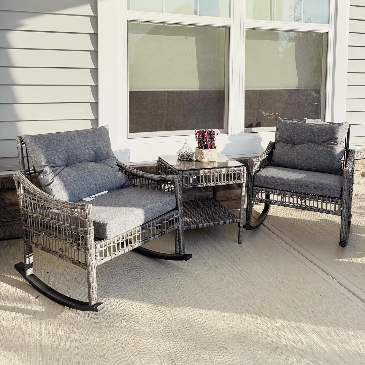 Outsunny Wicker Outdoor Rocking Chair Set, 3 Piece Patio Furniture Set with Padded Cushions and Storage Coffee Table, 2-Seater PE Rattan Bistro Set for Garden Backyard Porch, Gray