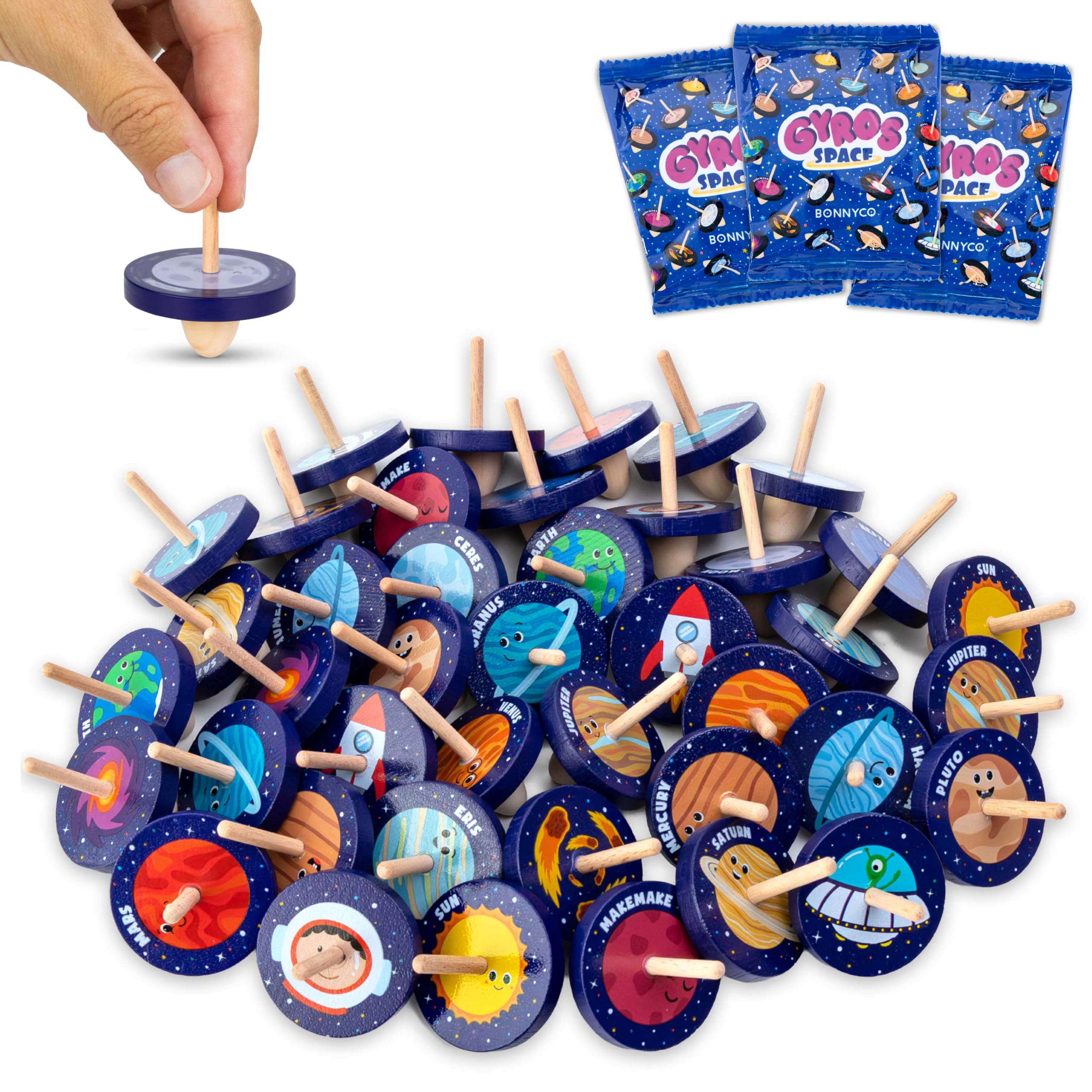 BONNYCO Wooden Spinning Top Pack 40 Space Party Bag Fillers for Kids