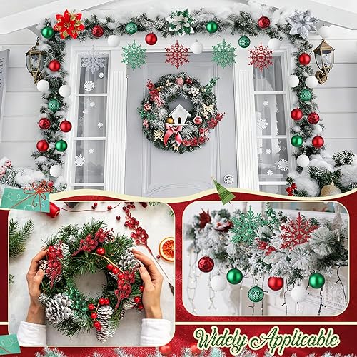 Miniatura 6 de Juego de 84 piezas de decoración para árbol de Navidad, adornos de bolas de árbol de Navidad, decoraciones de flores de Pascua con purpurina, tallos