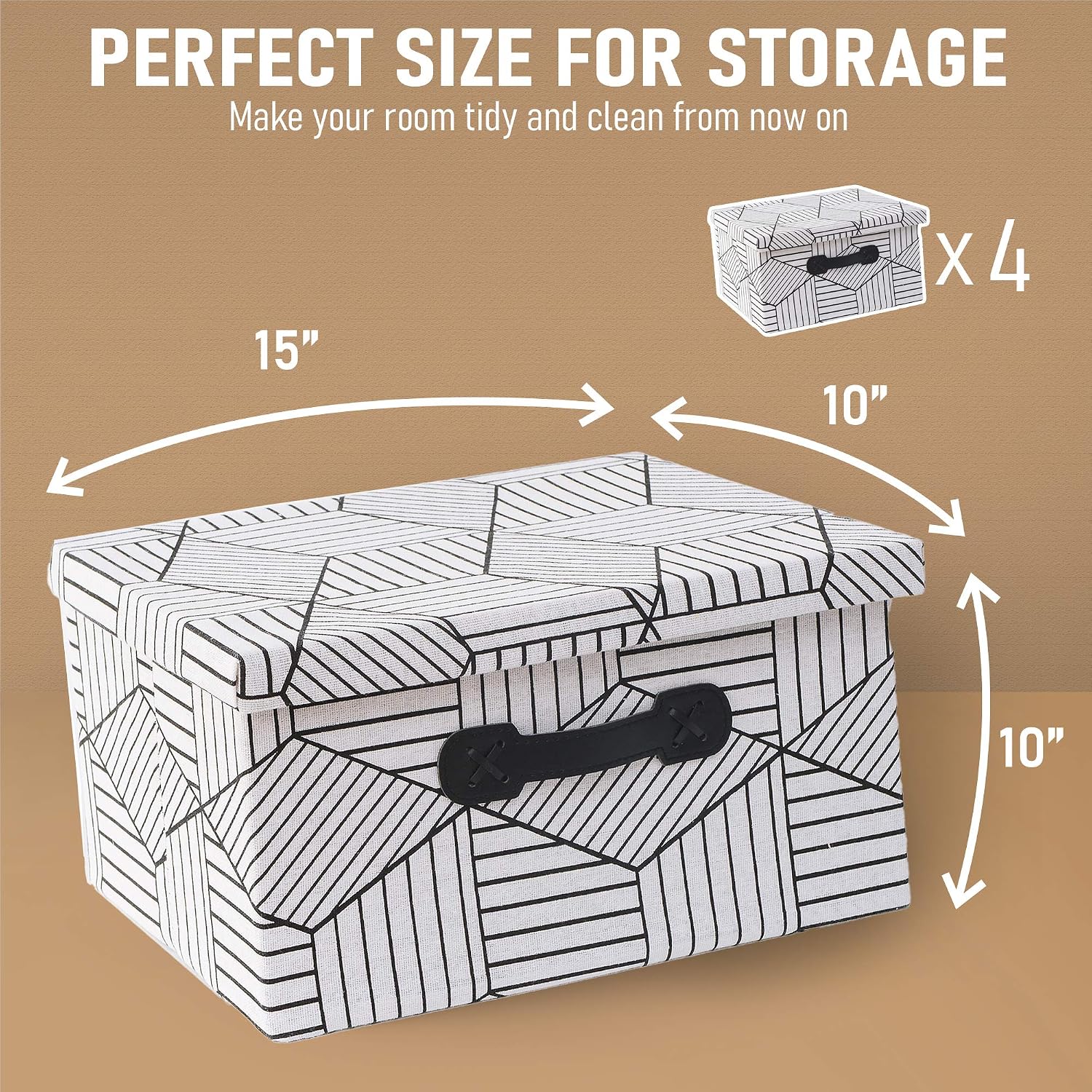 Enzk&Unity Foldable Lidded Storage Bins Cube Fabric Storage Basket with Handle Organizer Box Containers for Shelf Home Office Closet Nursery, 4 Pack, White