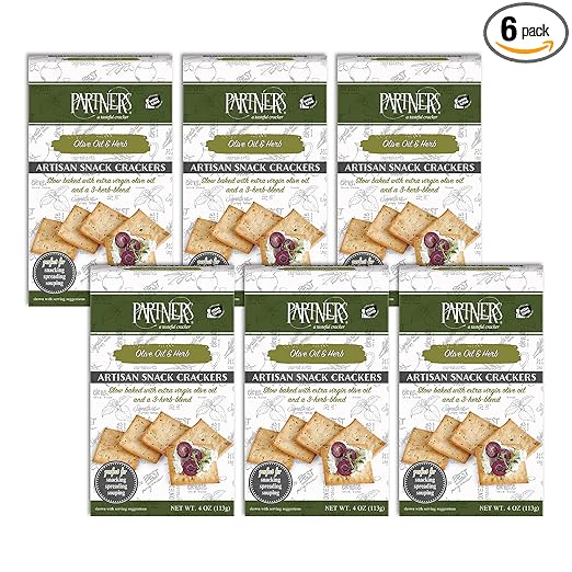 Partners Snack Crackers, Olive Oil & Herb, 4 Ounce (Pack of 6), Made with Real Ingredients, Non-GMO, Kosher