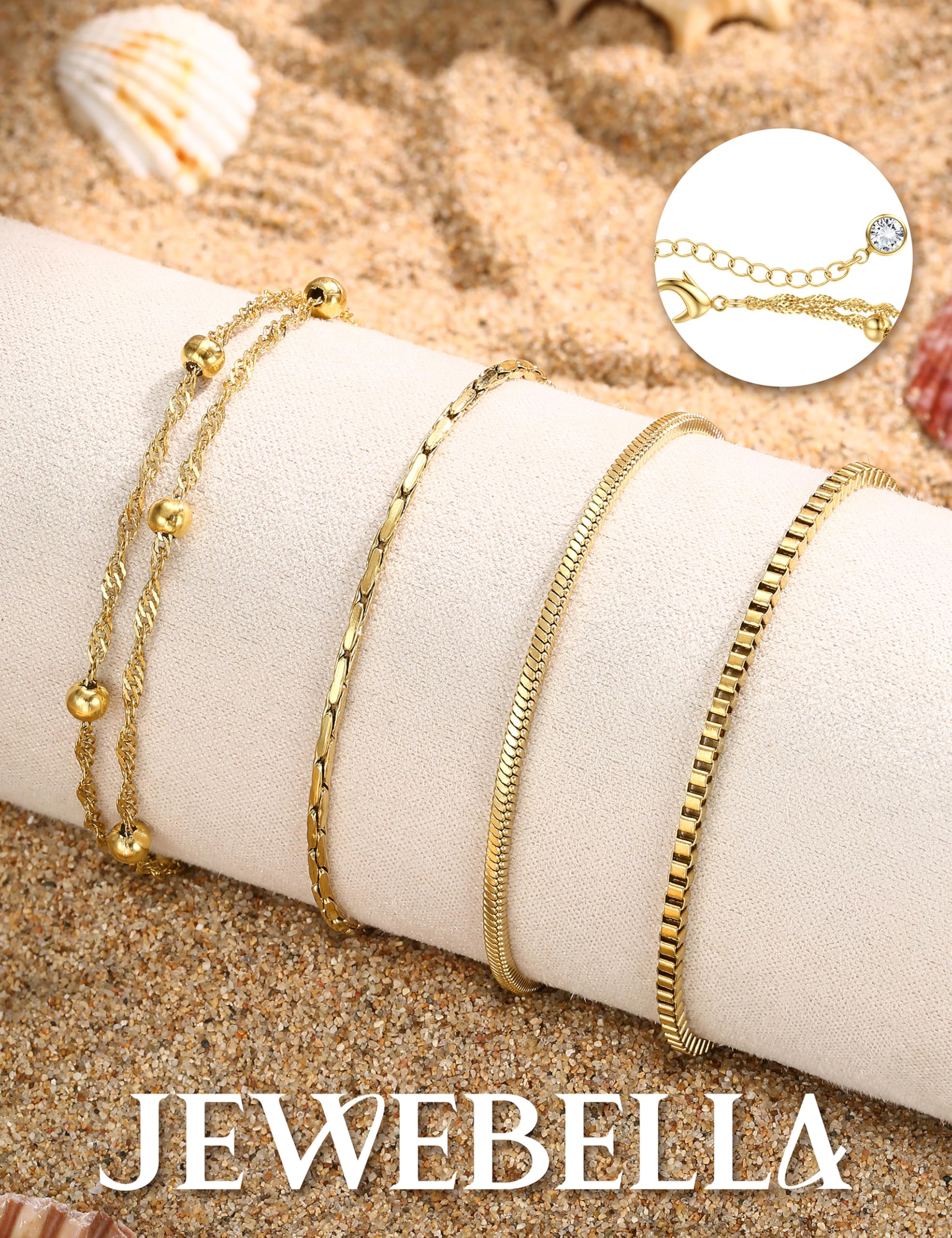 JeweBella 4 Pièces Bracelet Cheville Femme Acier Inoxydable, Lot Bracelet Fantaisie Femme Chaine de Cheville Acier Inoxydable Doré, Réglables Chaine Cheville Pied Plage Empilable Bijoux Femme